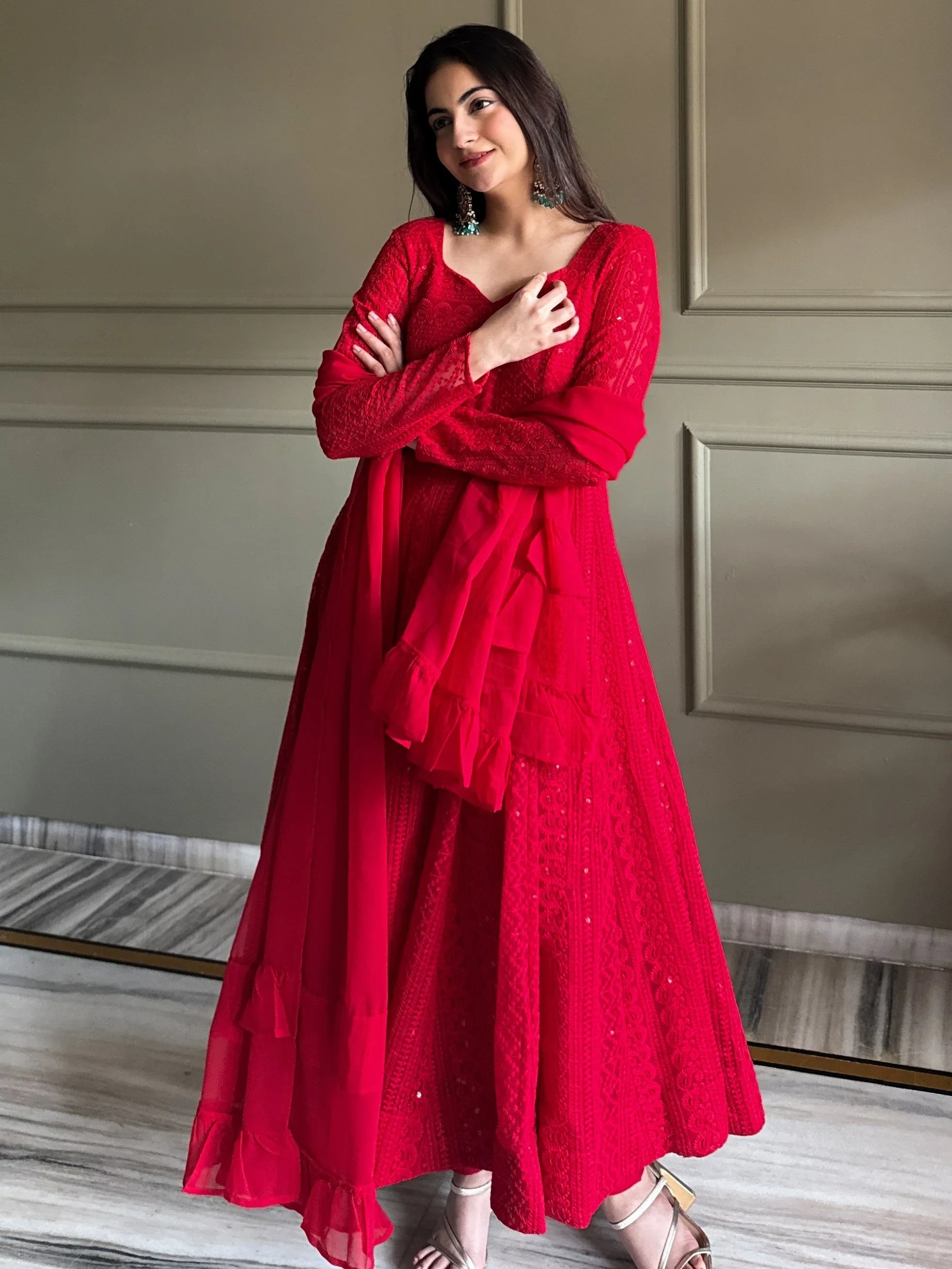Amazeballs Red Thread Work Georgette Wedding Wear Anarkali Pant Suit