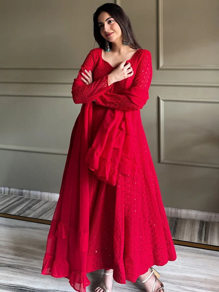 Amazeballs Red Thread Work Georgette Wedding Wear Anarkali Pant Suit