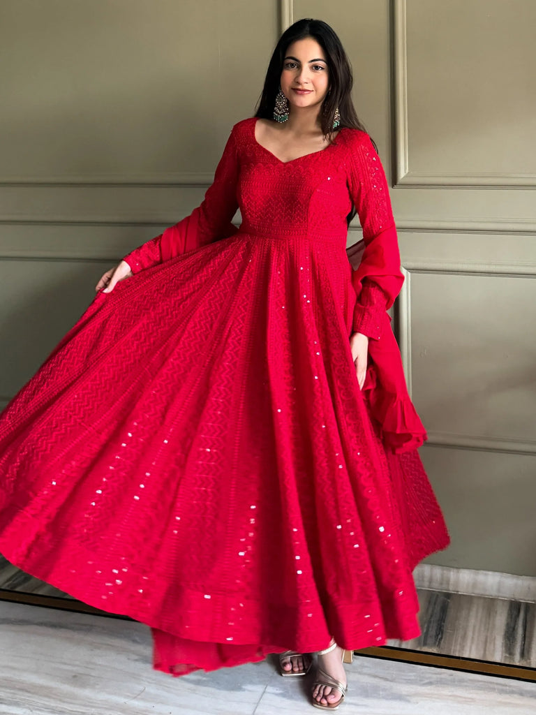 Amazeballs Red Thread Work Georgette Wedding Wear Anarkali Pant Suit