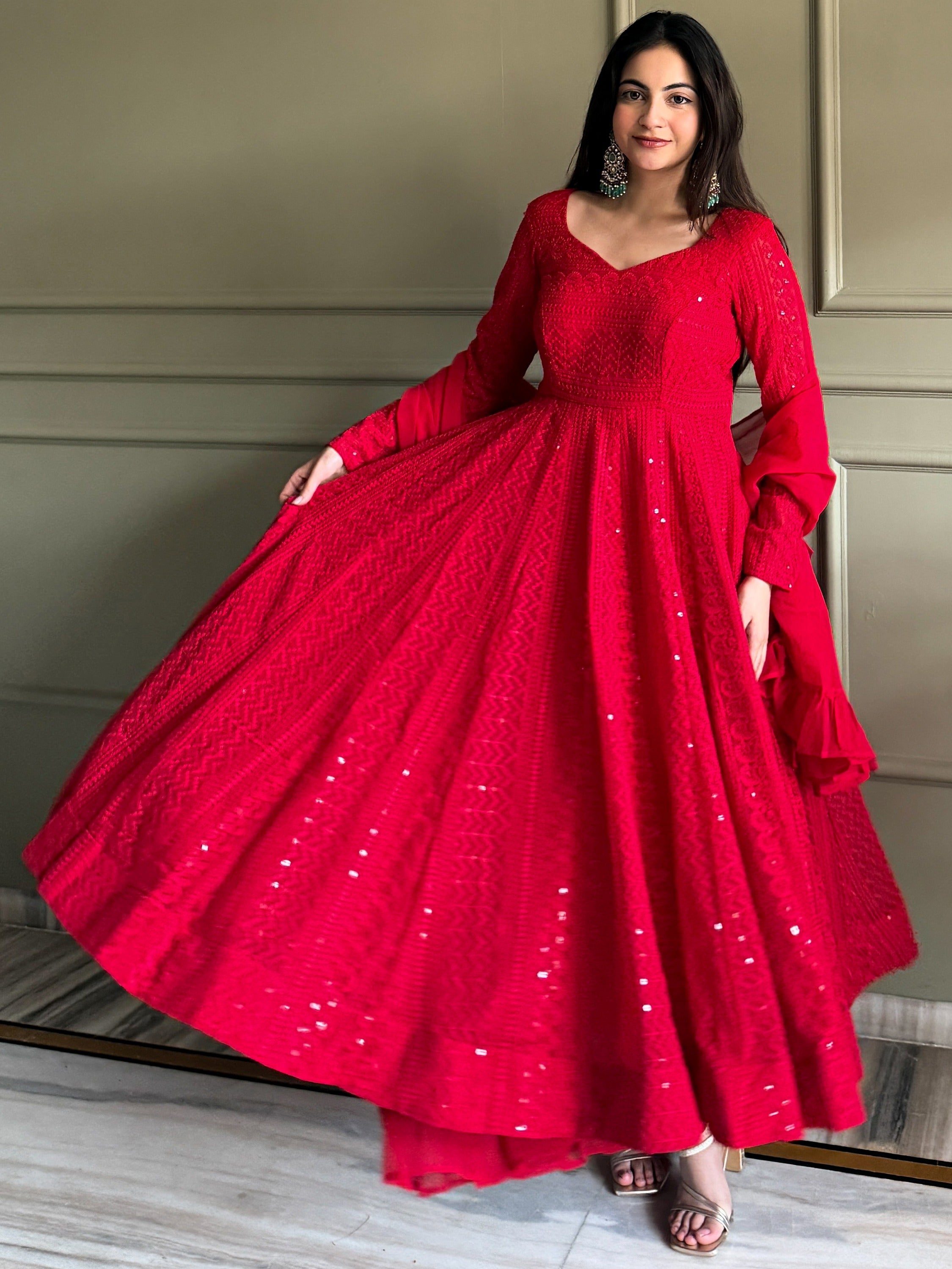 Amazeballs Red Thread Work Georgette Wedding Wear Anarkali Pant Suit