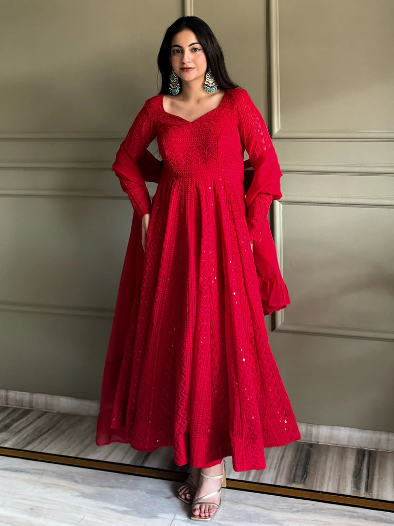 Amazeballs Red Thread Work Georgette Wedding Wear Anarkali Pant Suit