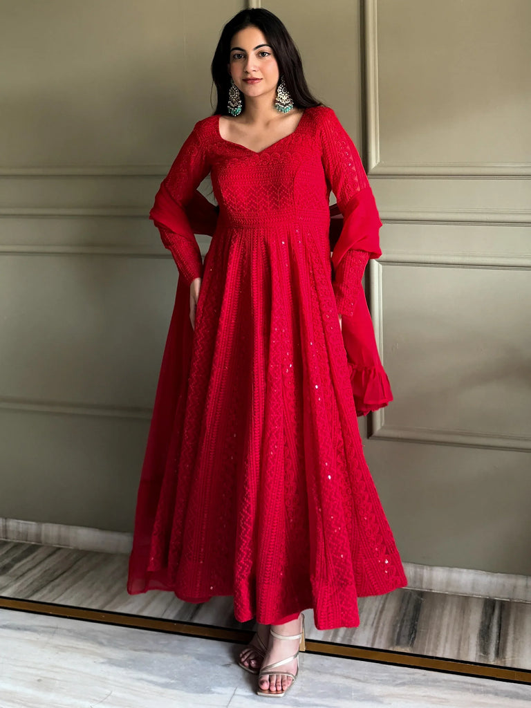Amazeballs Red Thread Work Georgette Wedding Wear Anarkali Pant Suit