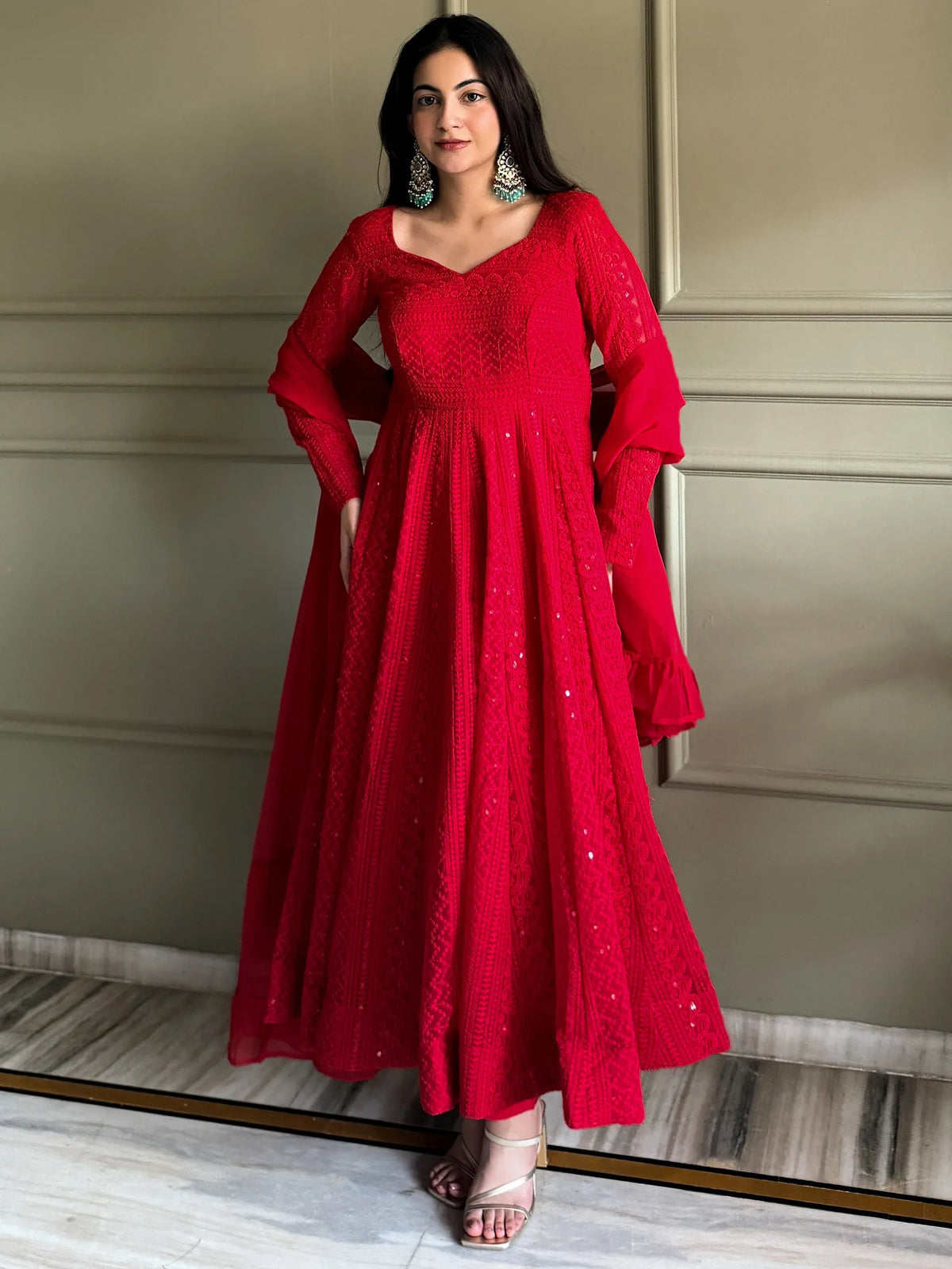 Amazeballs Red Thread Work Georgette Wedding Wear Anarkali Pant Suit