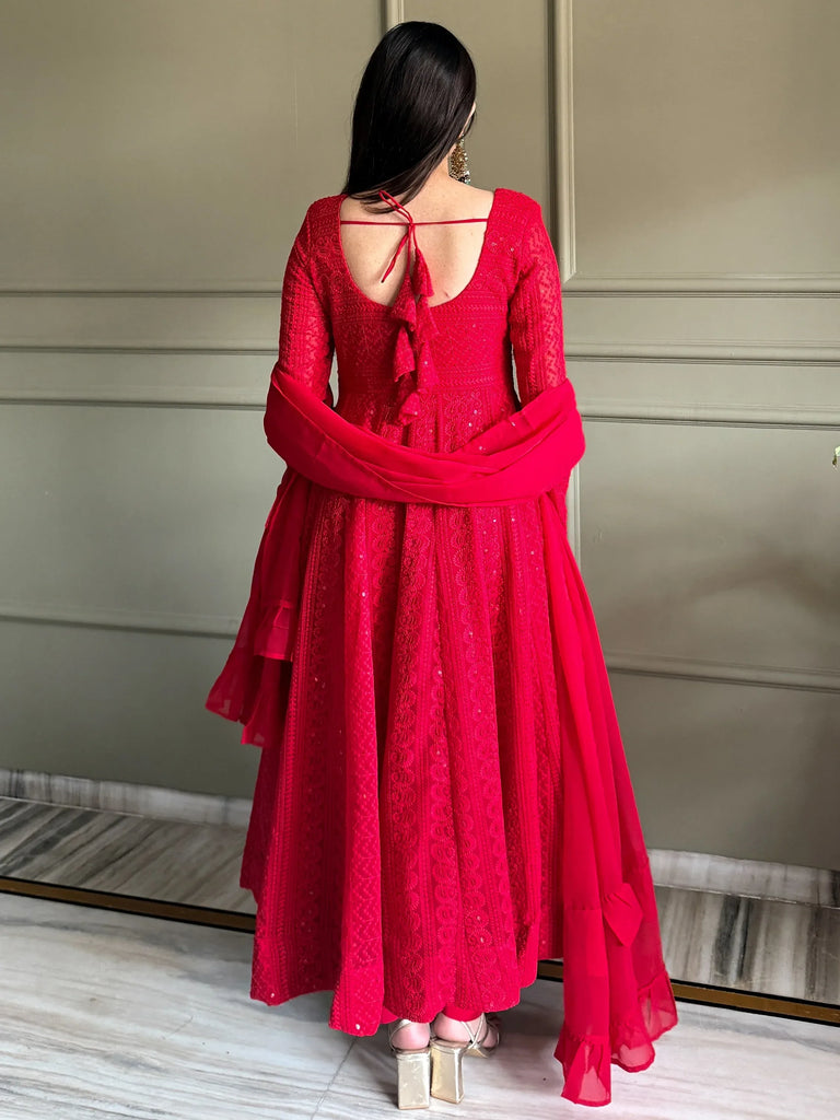 Amazeballs Red Thread Work Georgette Wedding Wear Anarkali Pant Suit