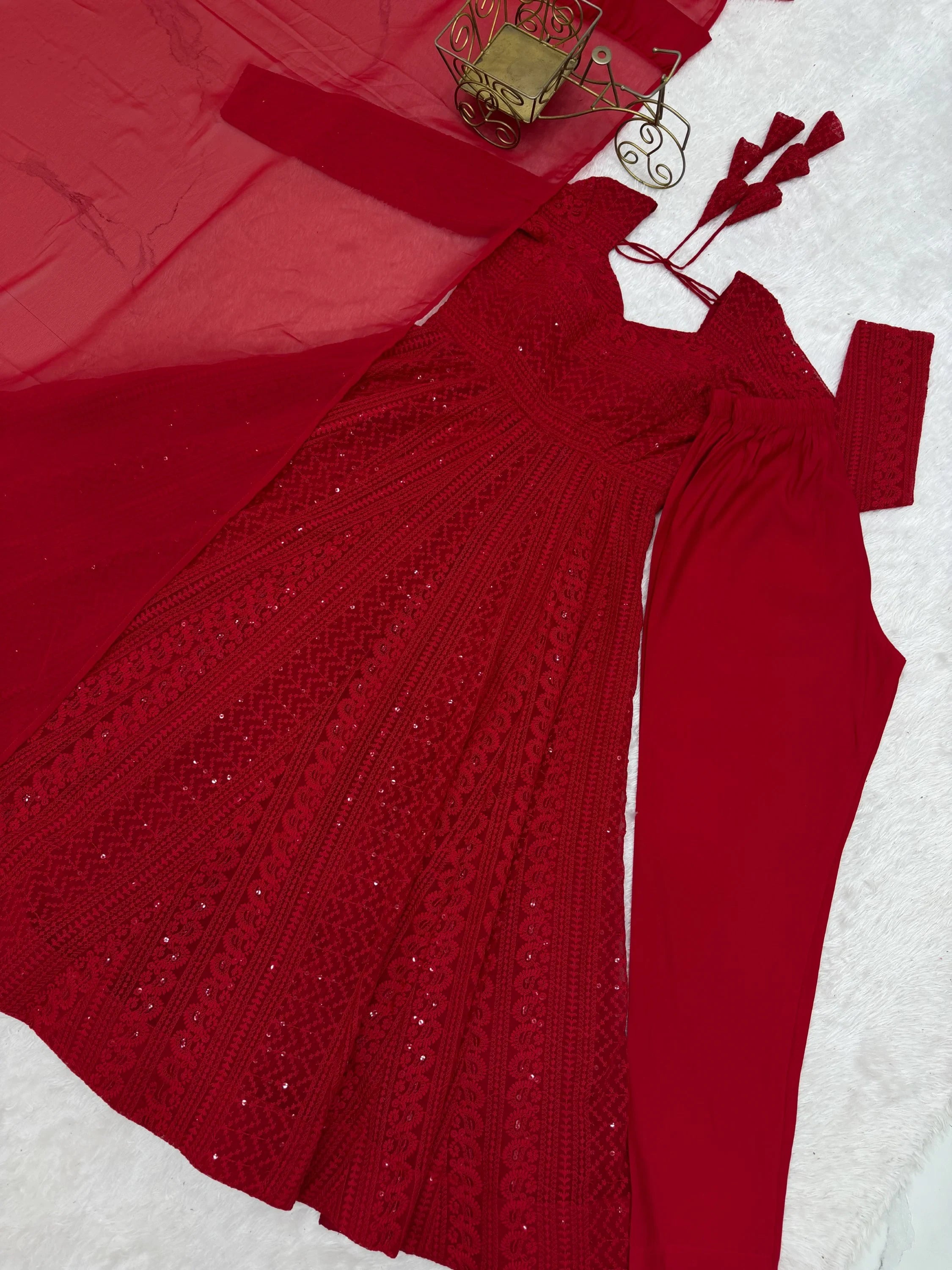 Amazeballs Red Thread Work Georgette Wedding Wear Anarkali Pant Suit