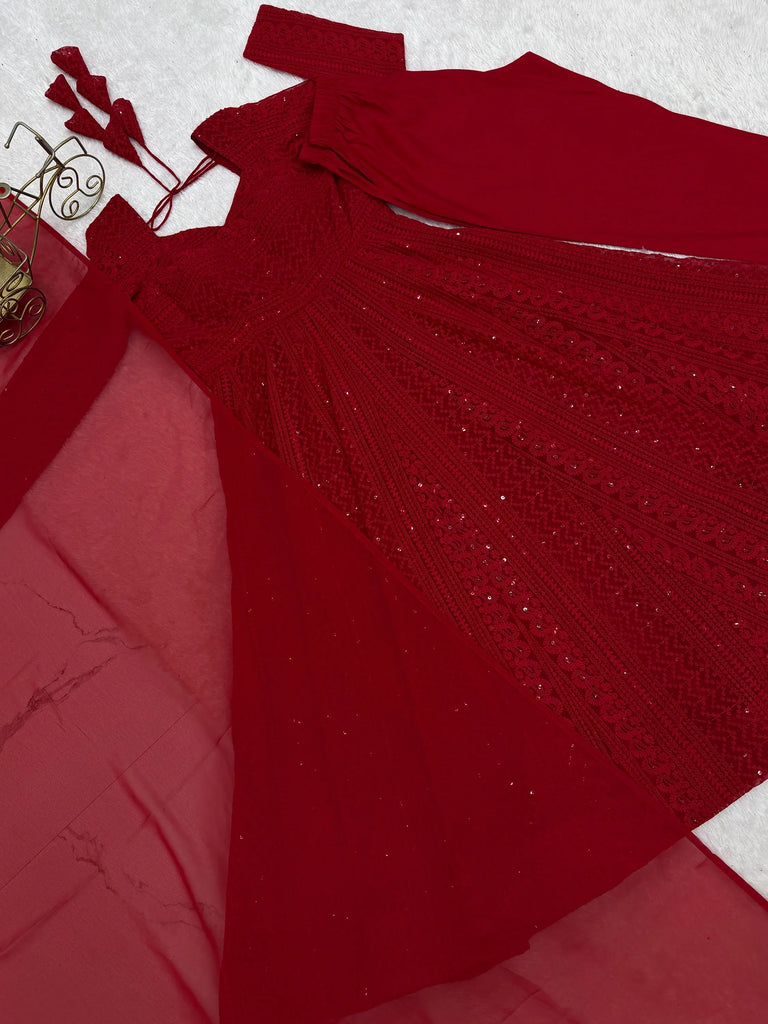 Amazeballs Red Thread Work Georgette Wedding Wear Anarkali Pant Suit