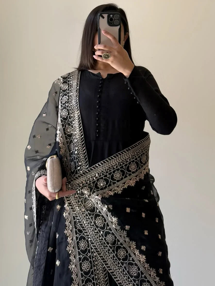 Pretty Black Georgette Sequins Festival Wear Anarkali Suit