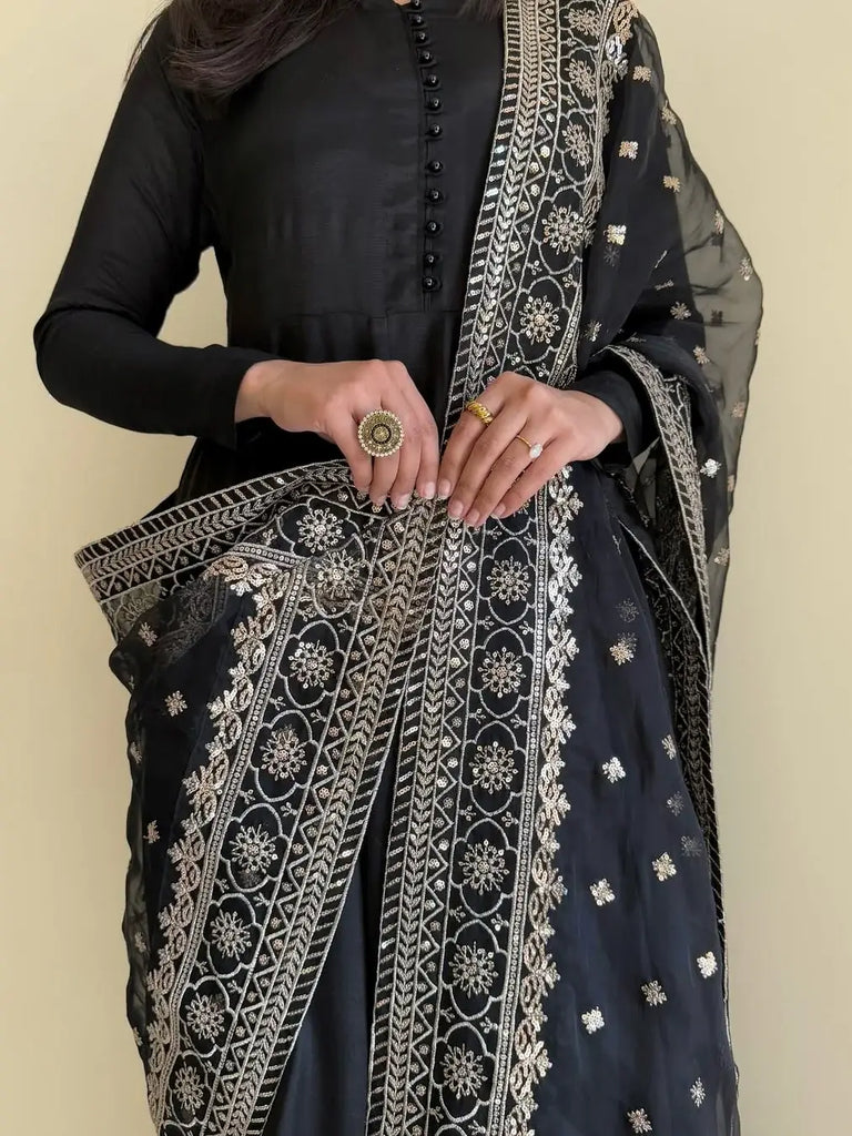 Pretty Black Georgette Sequins Festival Wear Anarkali Suit