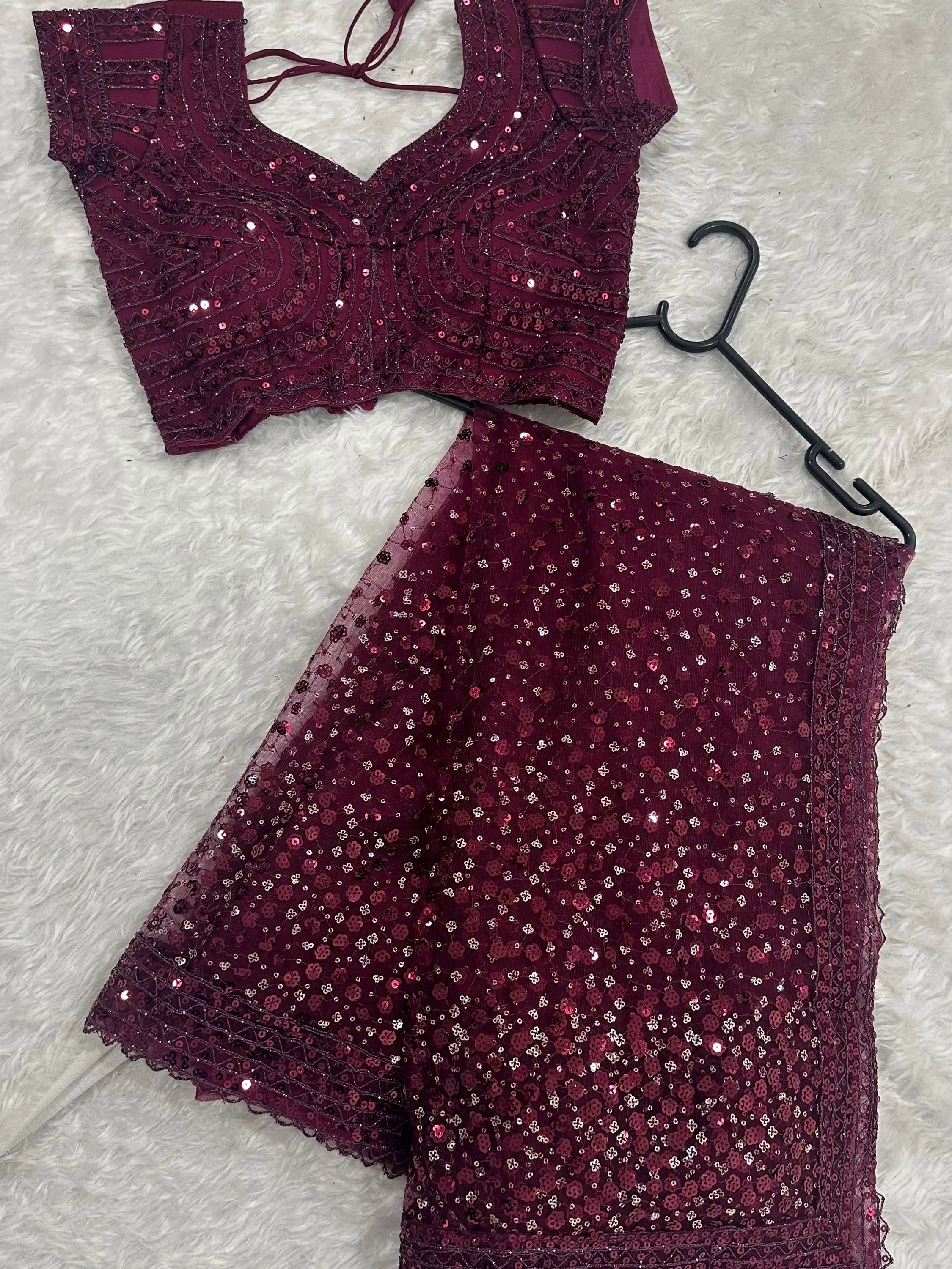 Glamourous Wine Sequins Net Festival Wear Saree With Blouse