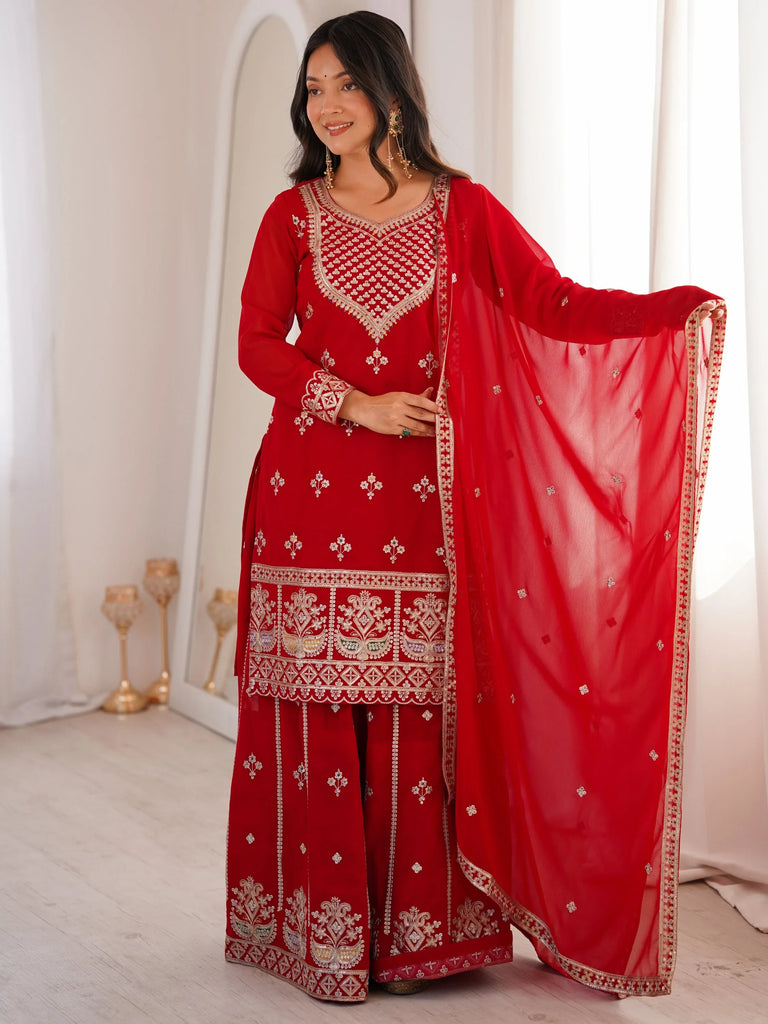 Dreamy Red Dori Embroidered Georgette Engagement Wear Sharara Suit
