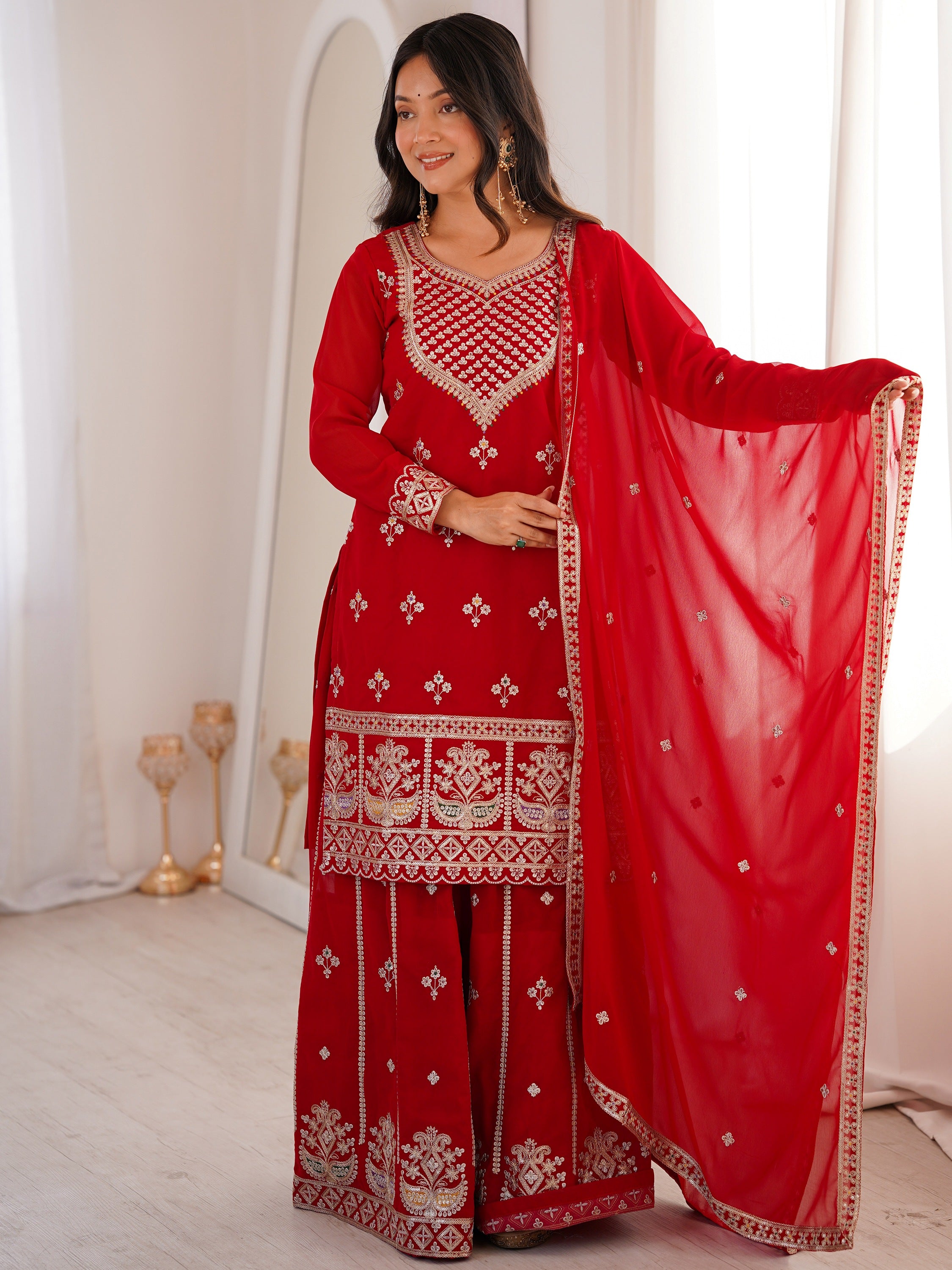 Dreamy Red Dori Embroidered Georgette Engagement Wear Sharara Suit