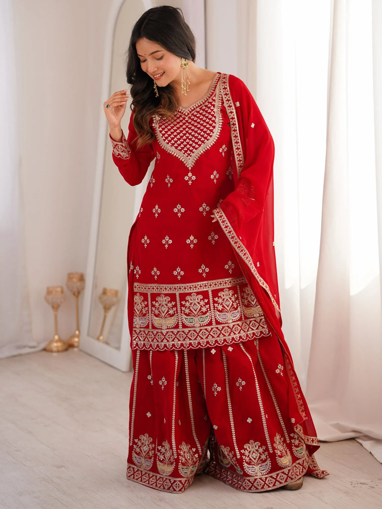 Dreamy Red Dori Embroidered Georgette Engagement Wear Sharara Suit