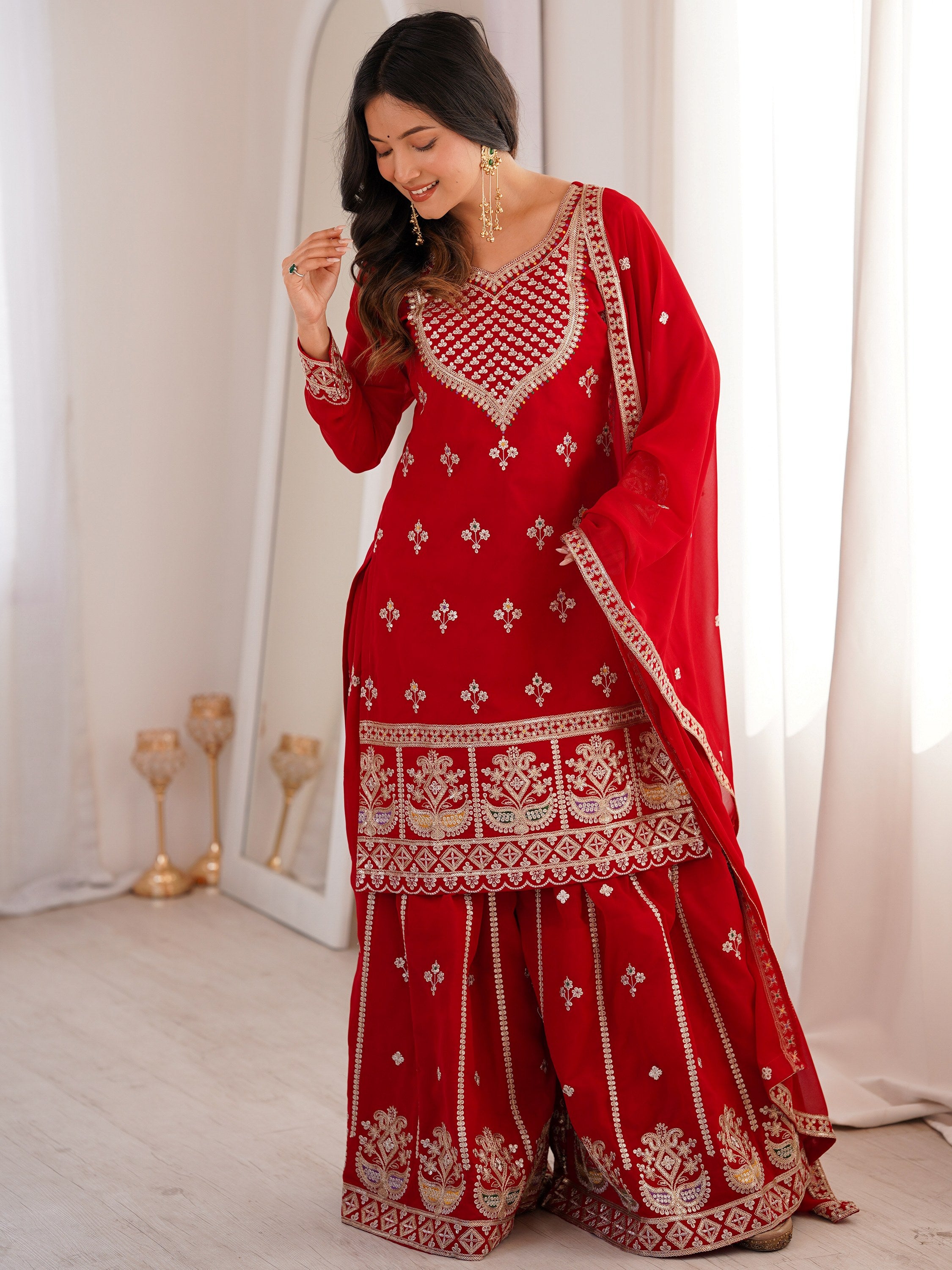 Dreamy Red Dori Embroidered Georgette Engagement Wear Sharara Suit