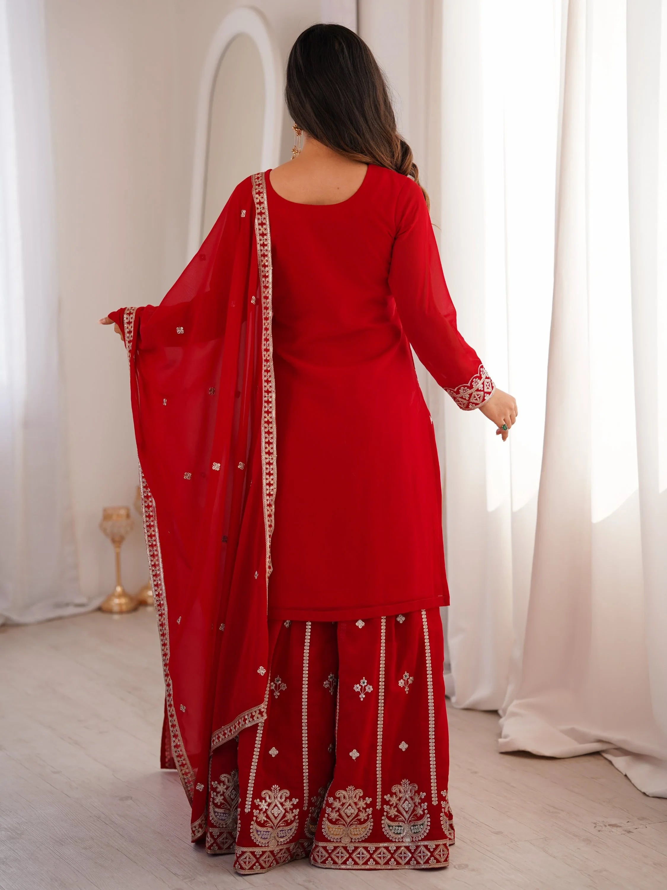 Dreamy Red Dori Embroidered Georgette Engagement Wear Sharara Suit