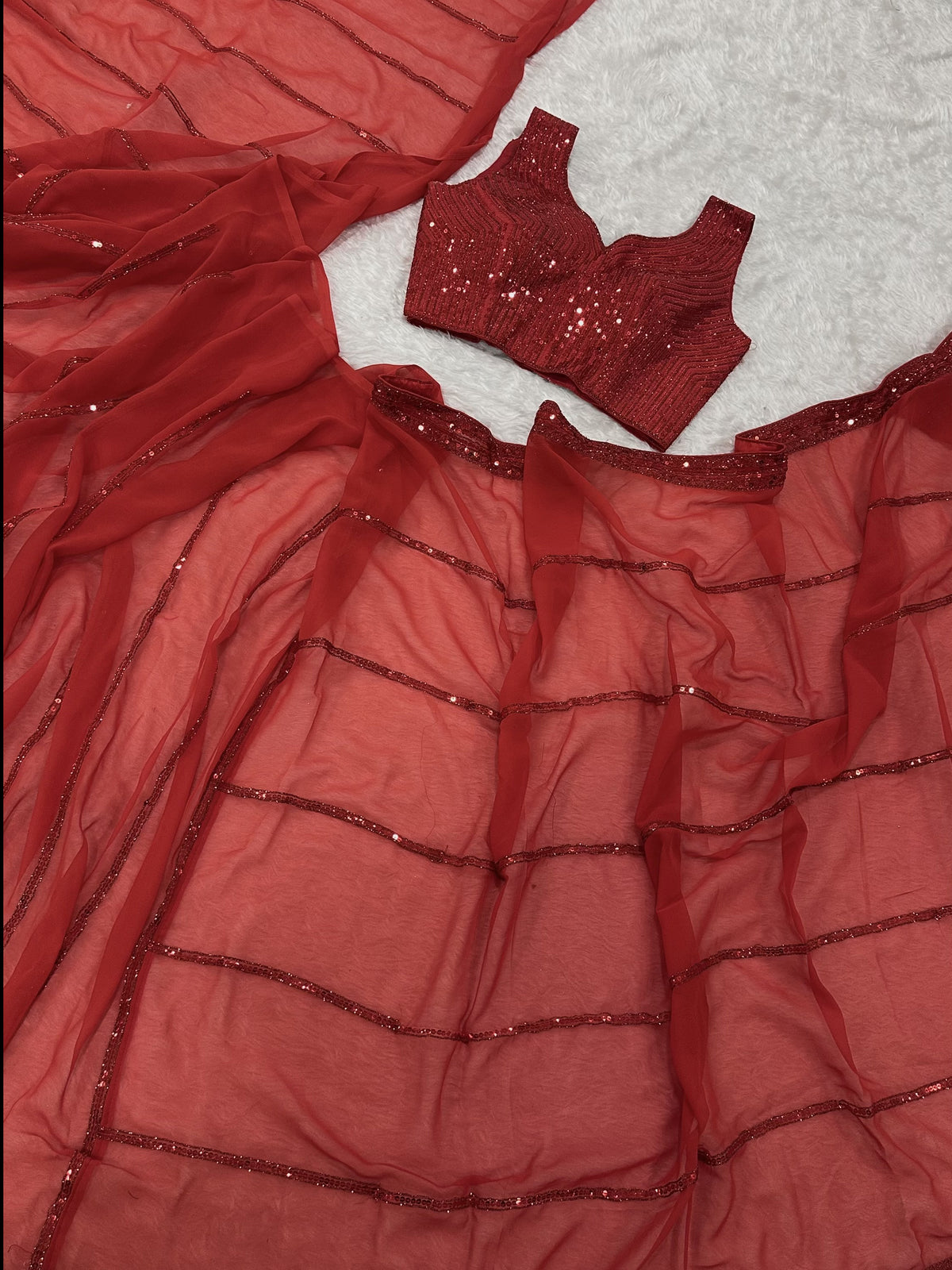 Astonishing Red Sequins Georgette Reception Wear Saree With Blouse