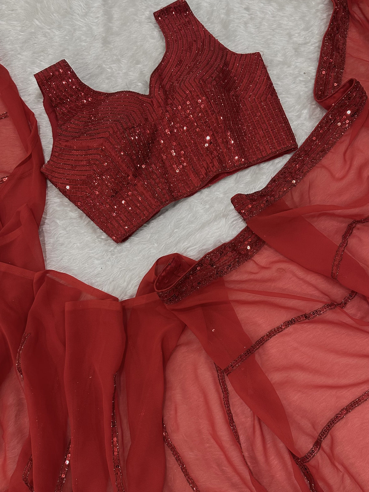Astonishing Red Sequins Georgette Reception Wear Saree With Blouse