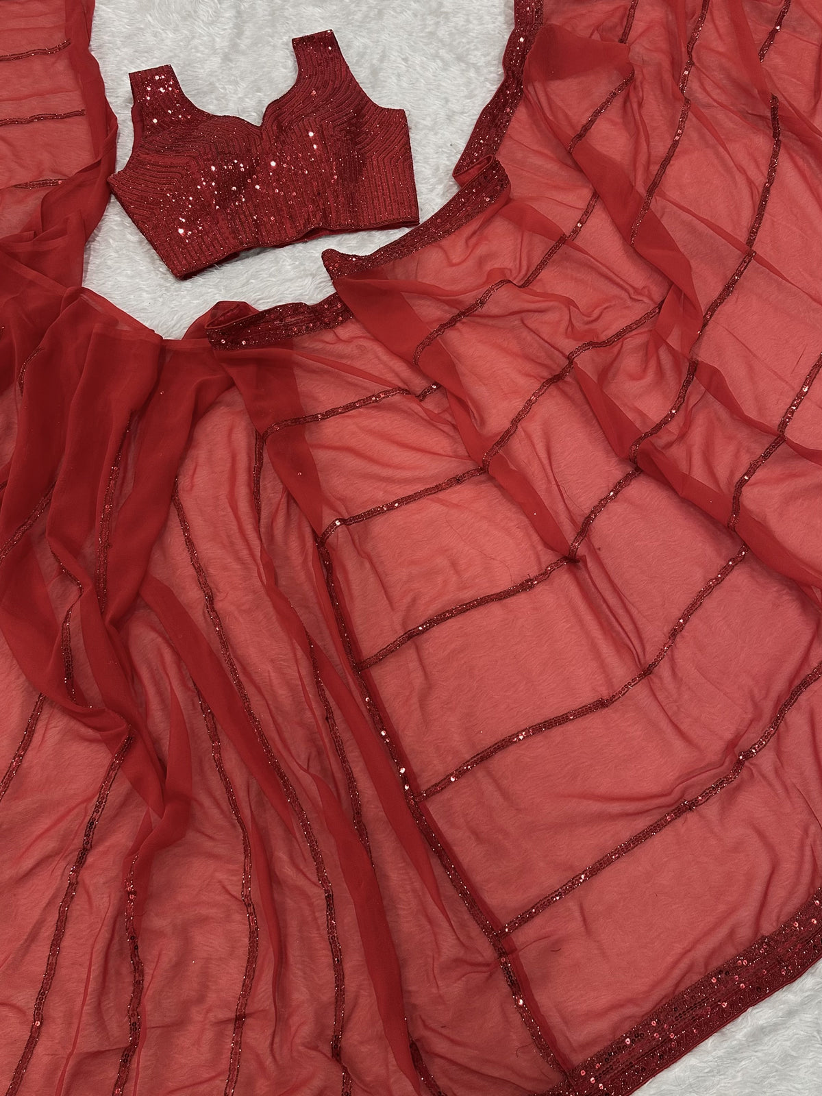Astonishing Red Sequins Georgette Reception Wear Saree With Blouse