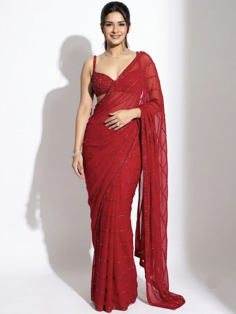 Astonishing Red Sequins Georgette Reception Wear Saree With Blouse