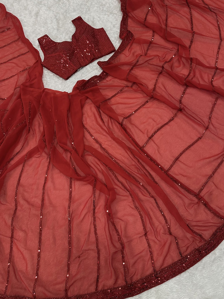 Astonishing Red Sequins Georgette Reception Wear Saree With Blouse