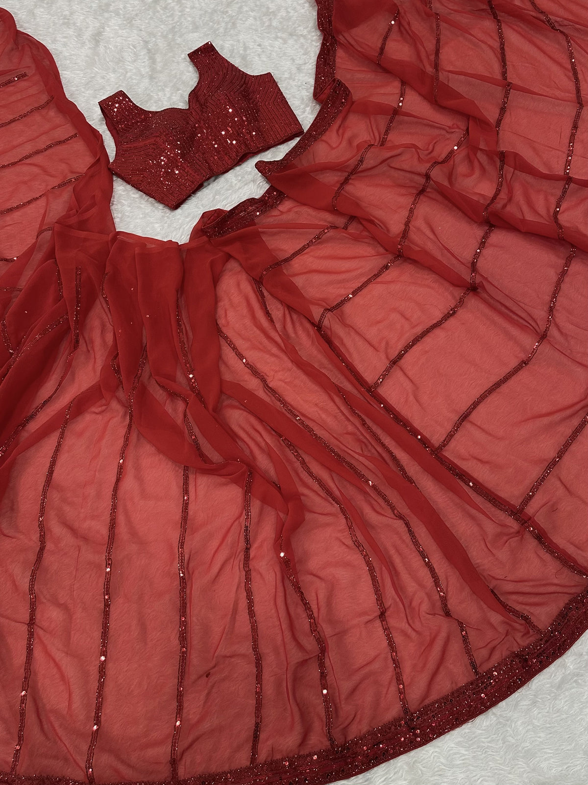 Astonishing Red Sequins Georgette Reception Wear Saree With Blouse