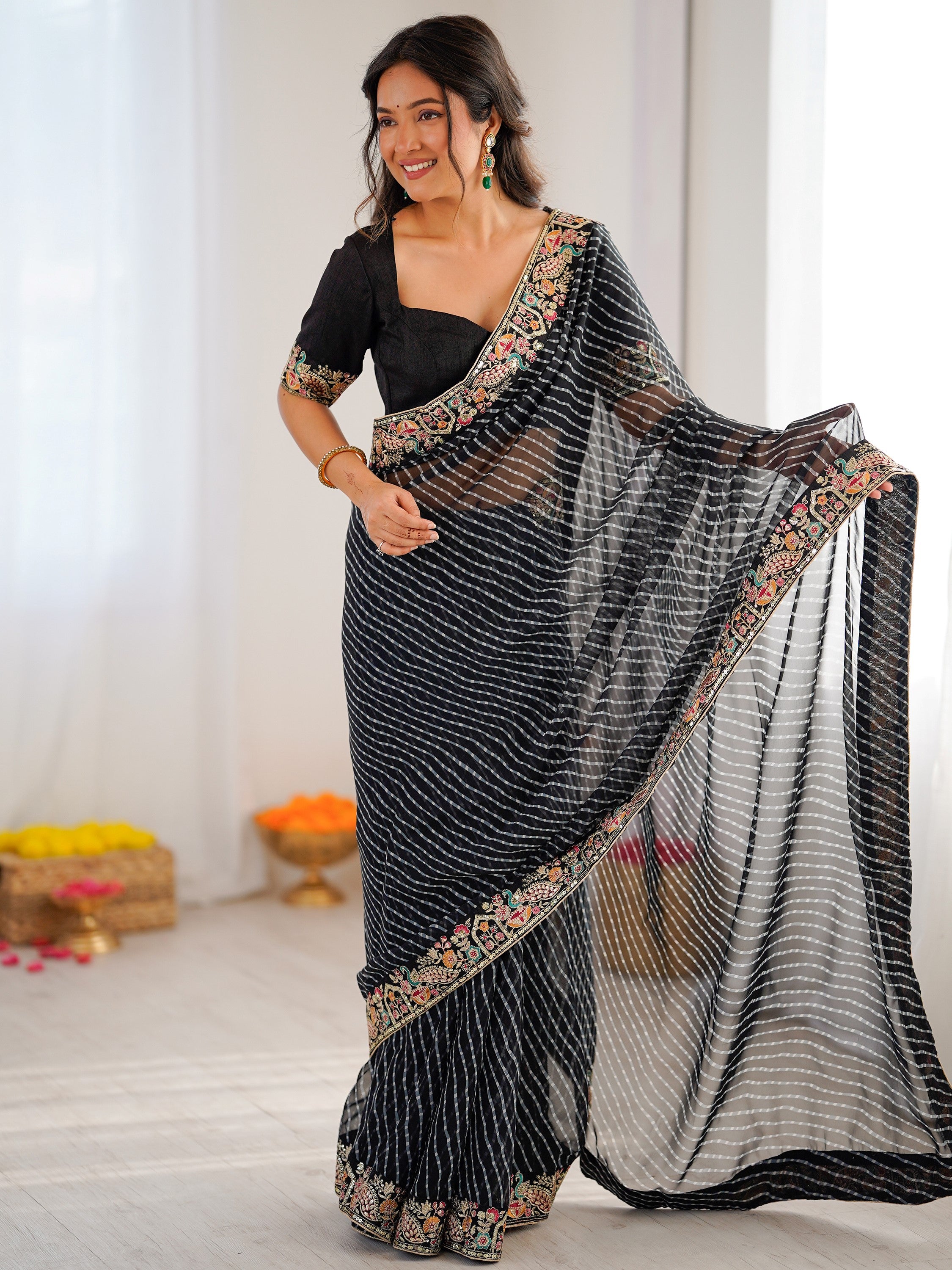 Classy Black Border Work Georgette Traditional Saree With Blouse