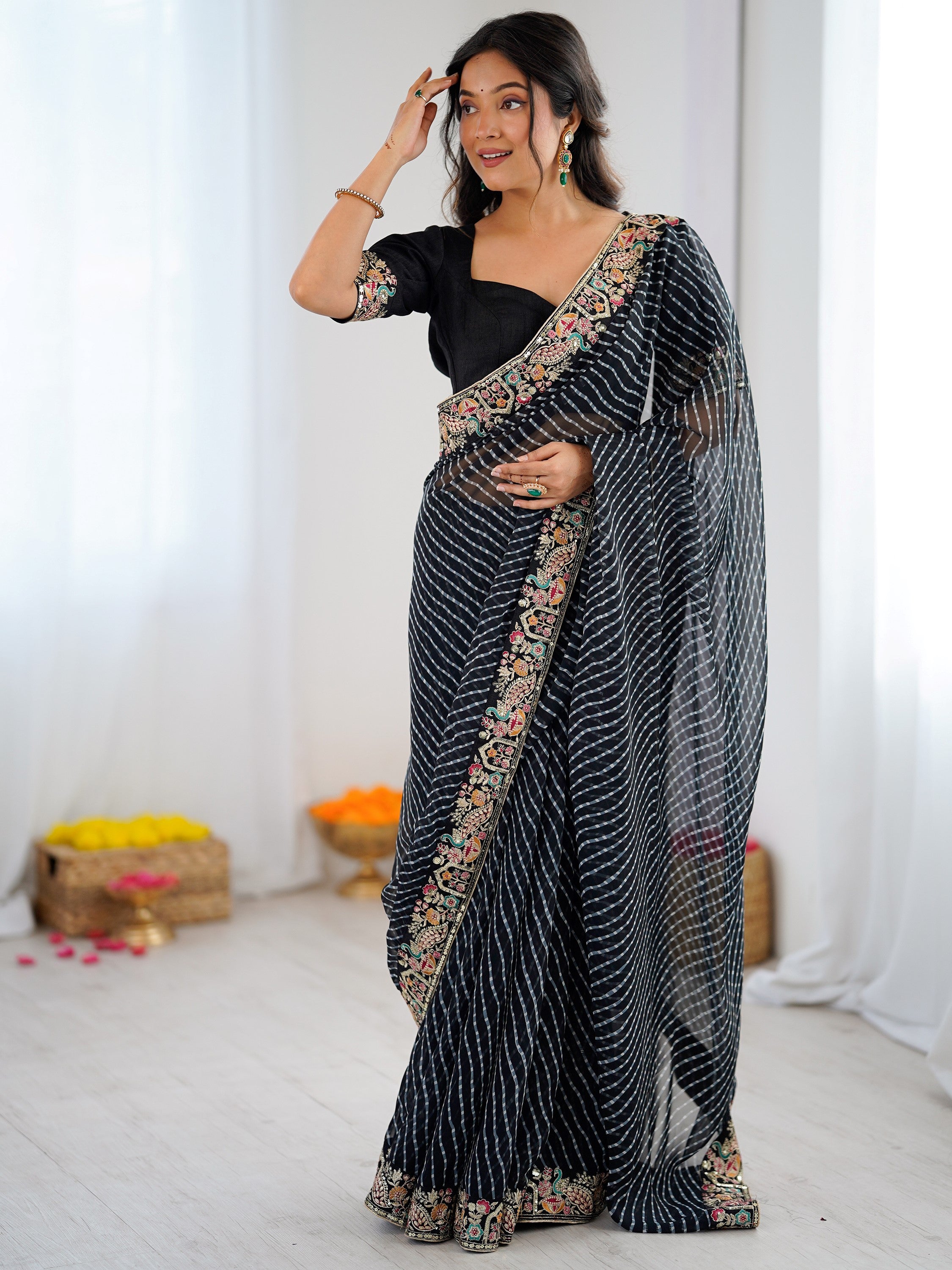 Classy Black Border Work Georgette Traditional Saree With Blouse