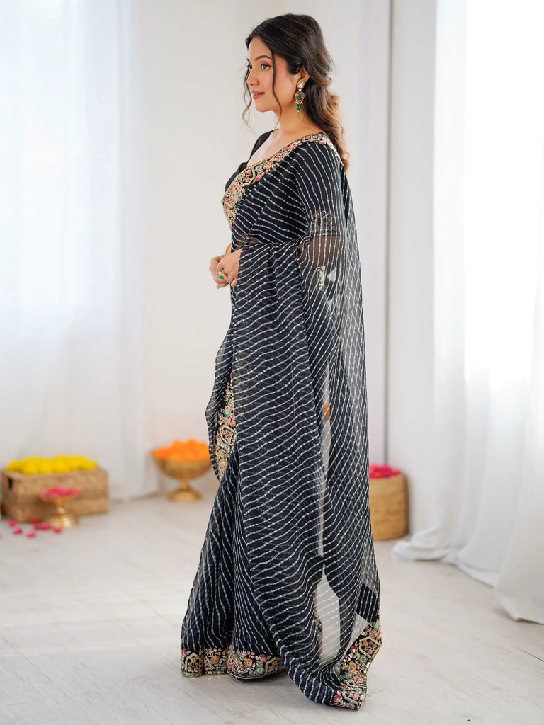 Classy Black Border Work Georgette Traditional Saree With Blouse