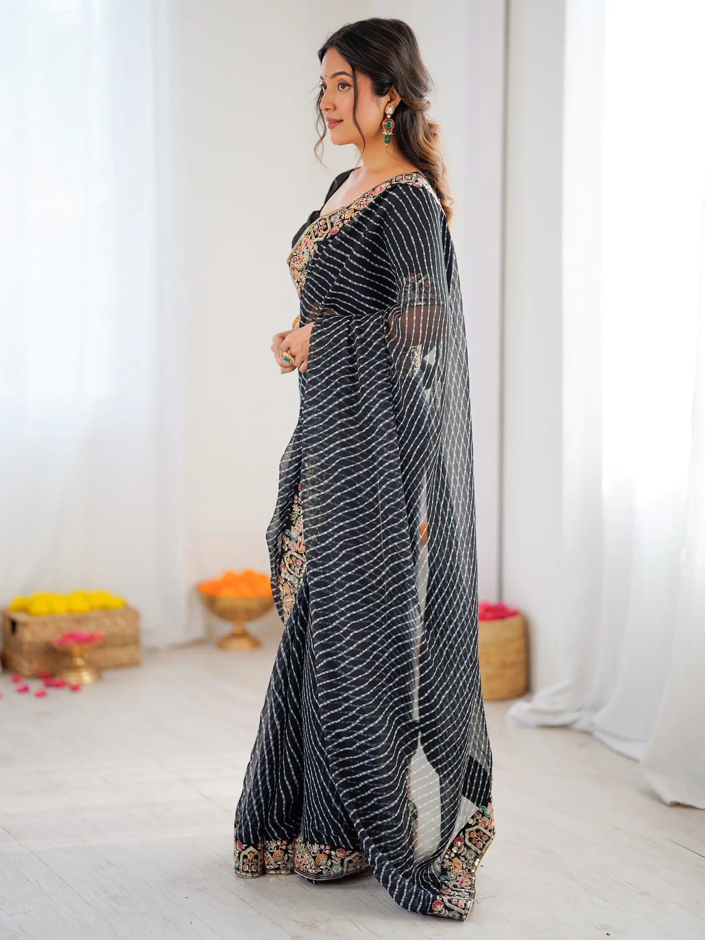 Classy Black Border Work Georgette Traditional Saree With Blouse