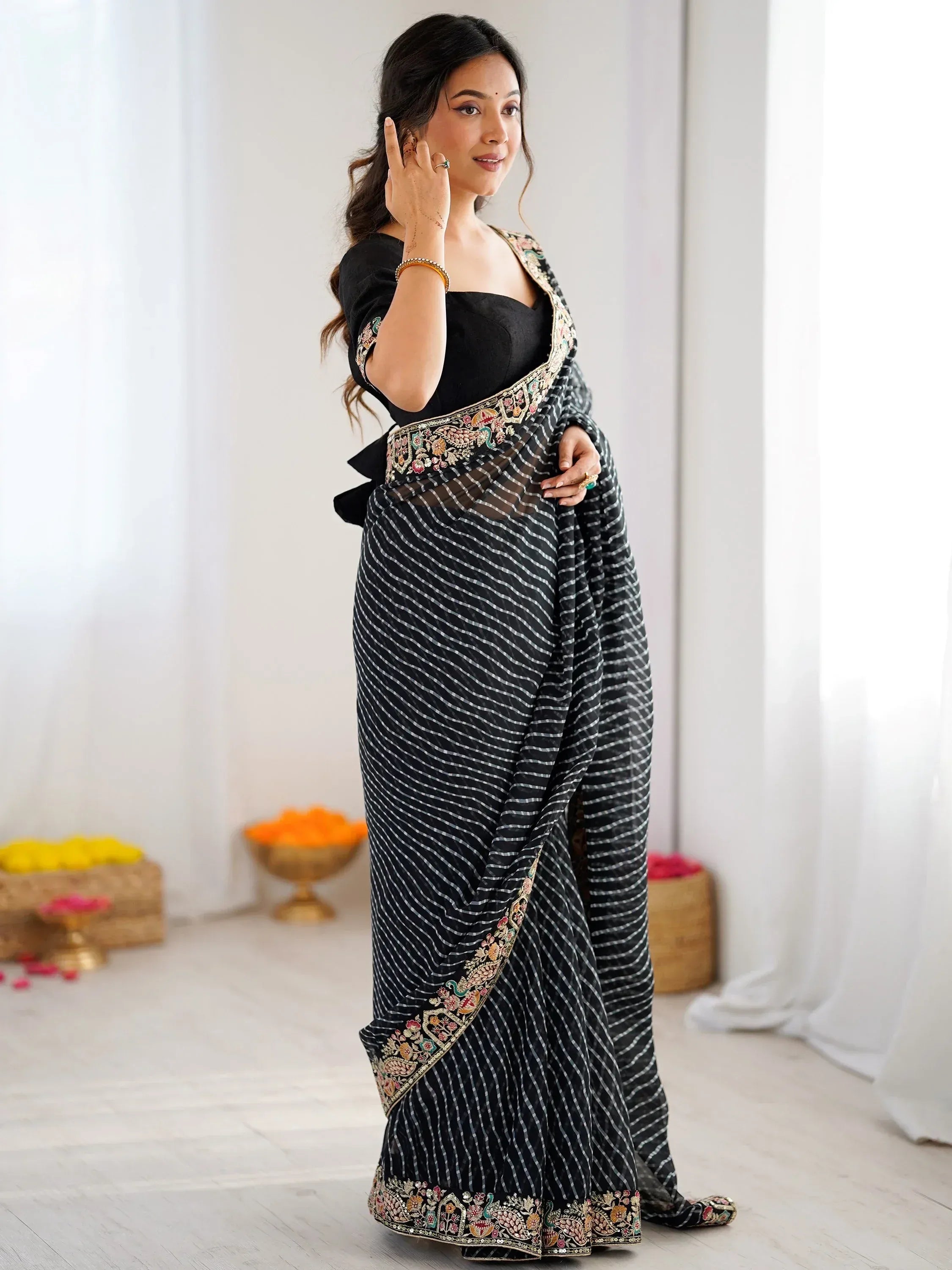 Classy Black Border Work Georgette Traditional Saree With Blouse