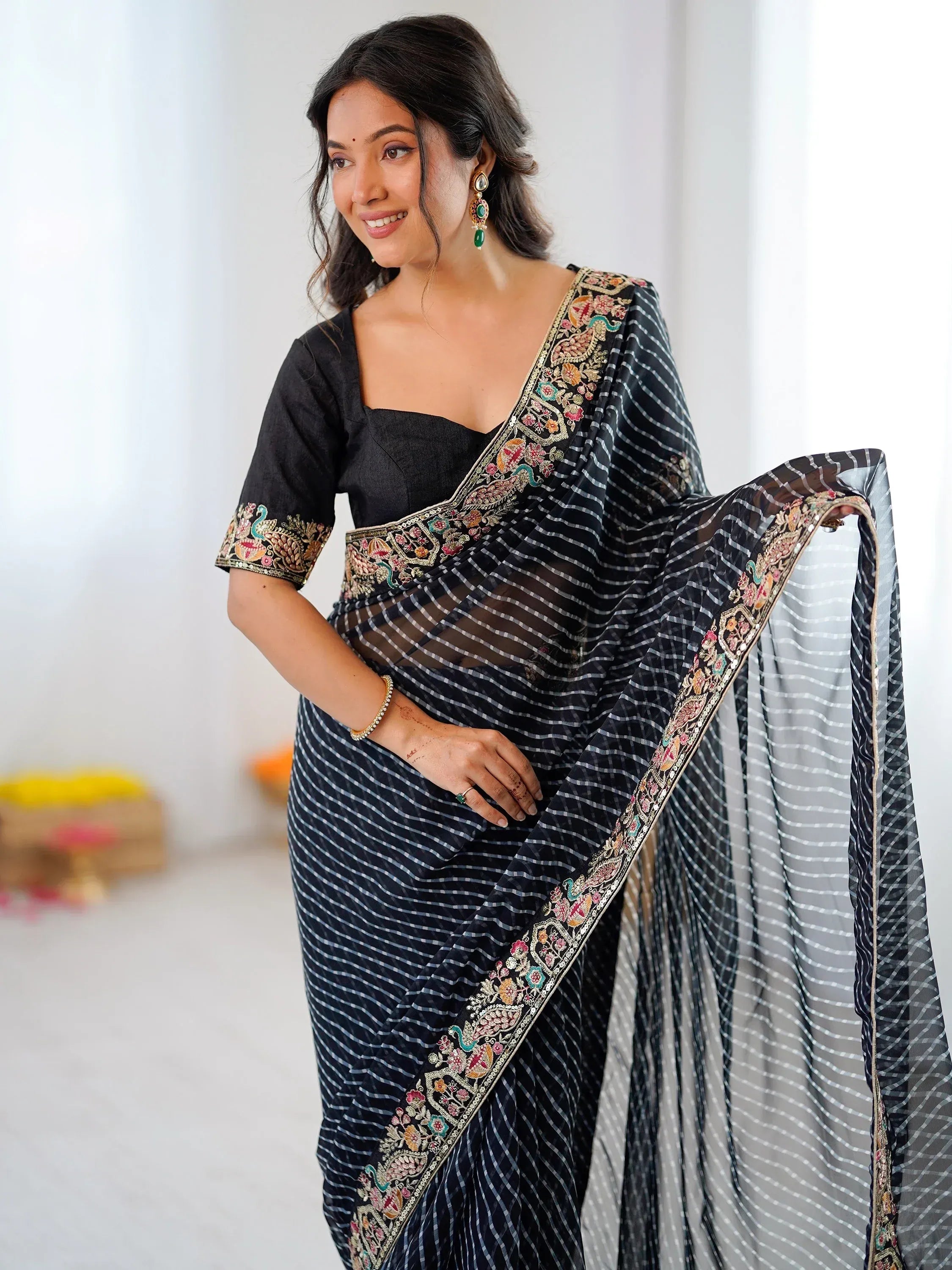 Classy Black Border Work Georgette Traditional Saree With Blouse