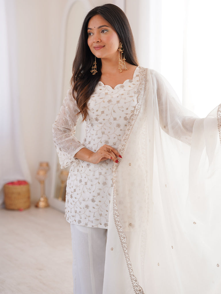 Esthetics White Sequins Silk Festive Wear Pant Suit