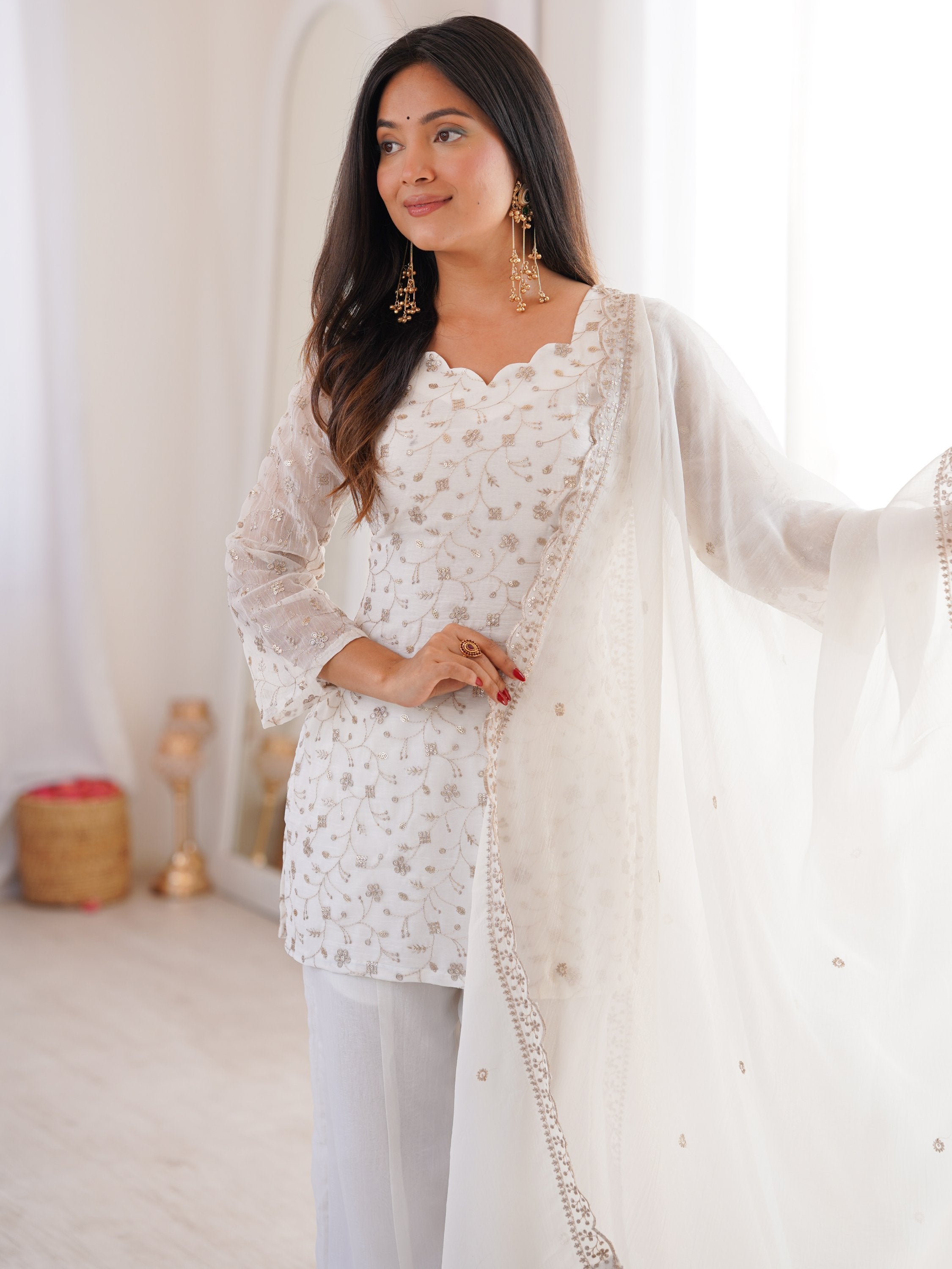 Esthetics White Sequins Silk Festive Wear Pant Suit