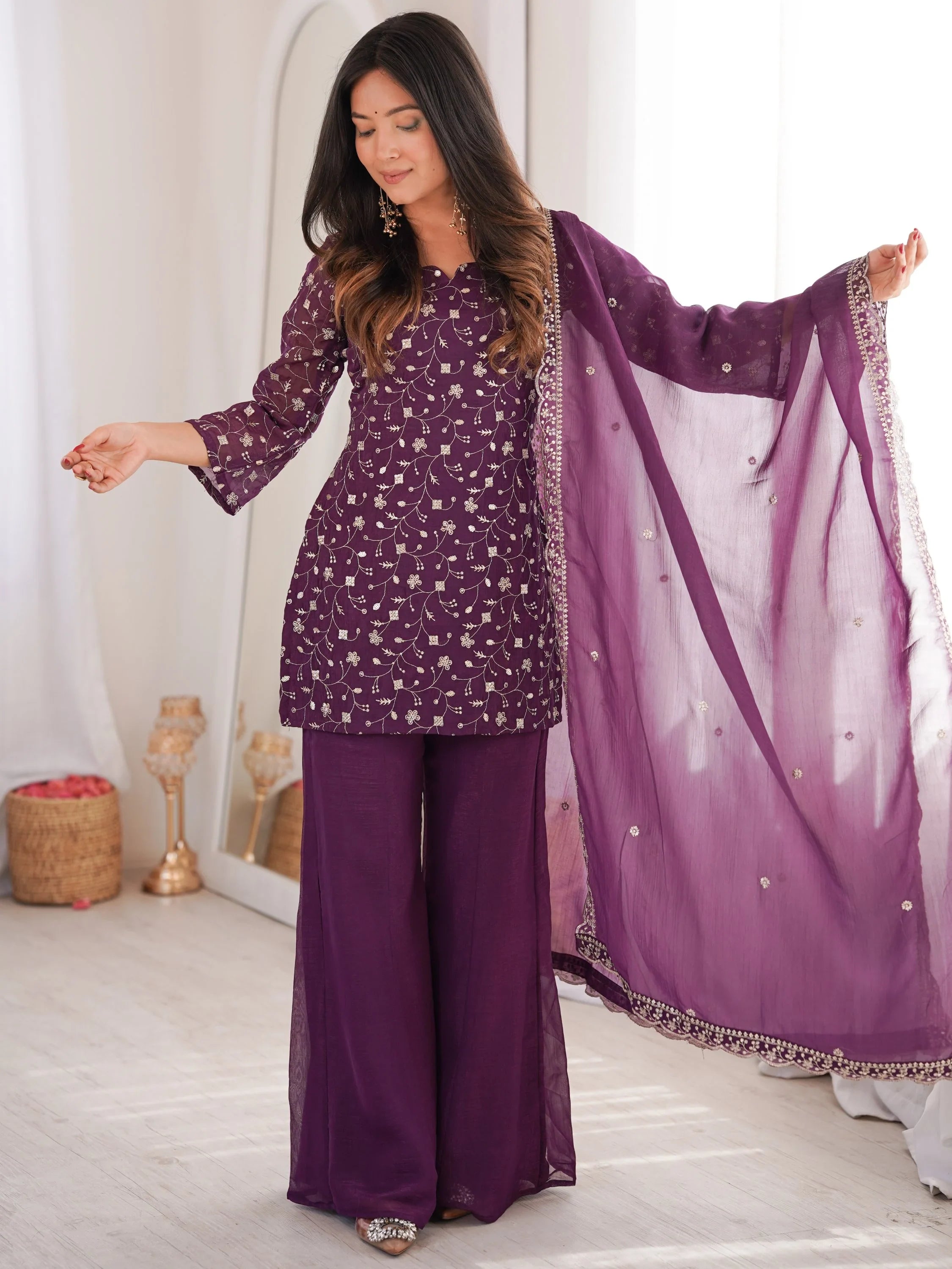 Beautiful Purple Sequins Silk Function Wear Pant Suit