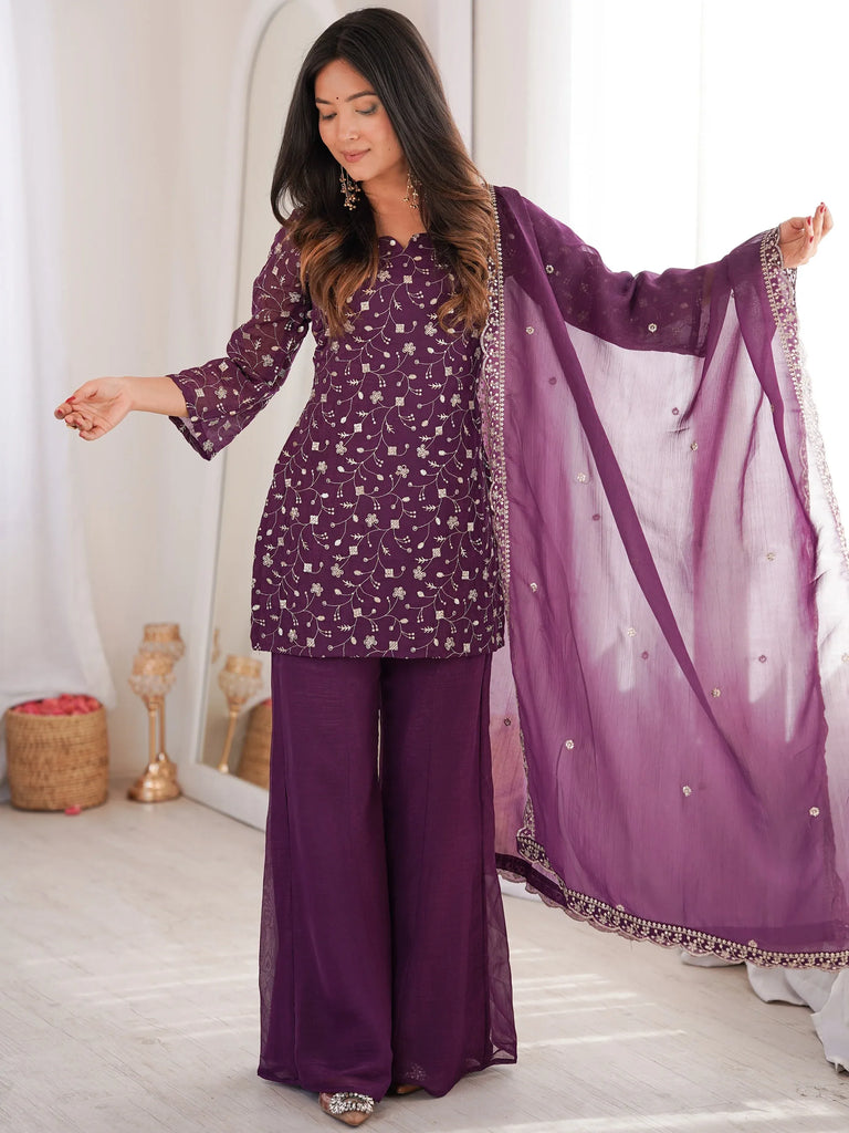 Beautiful Purple Sequins Silk Function Wear Pant Suit