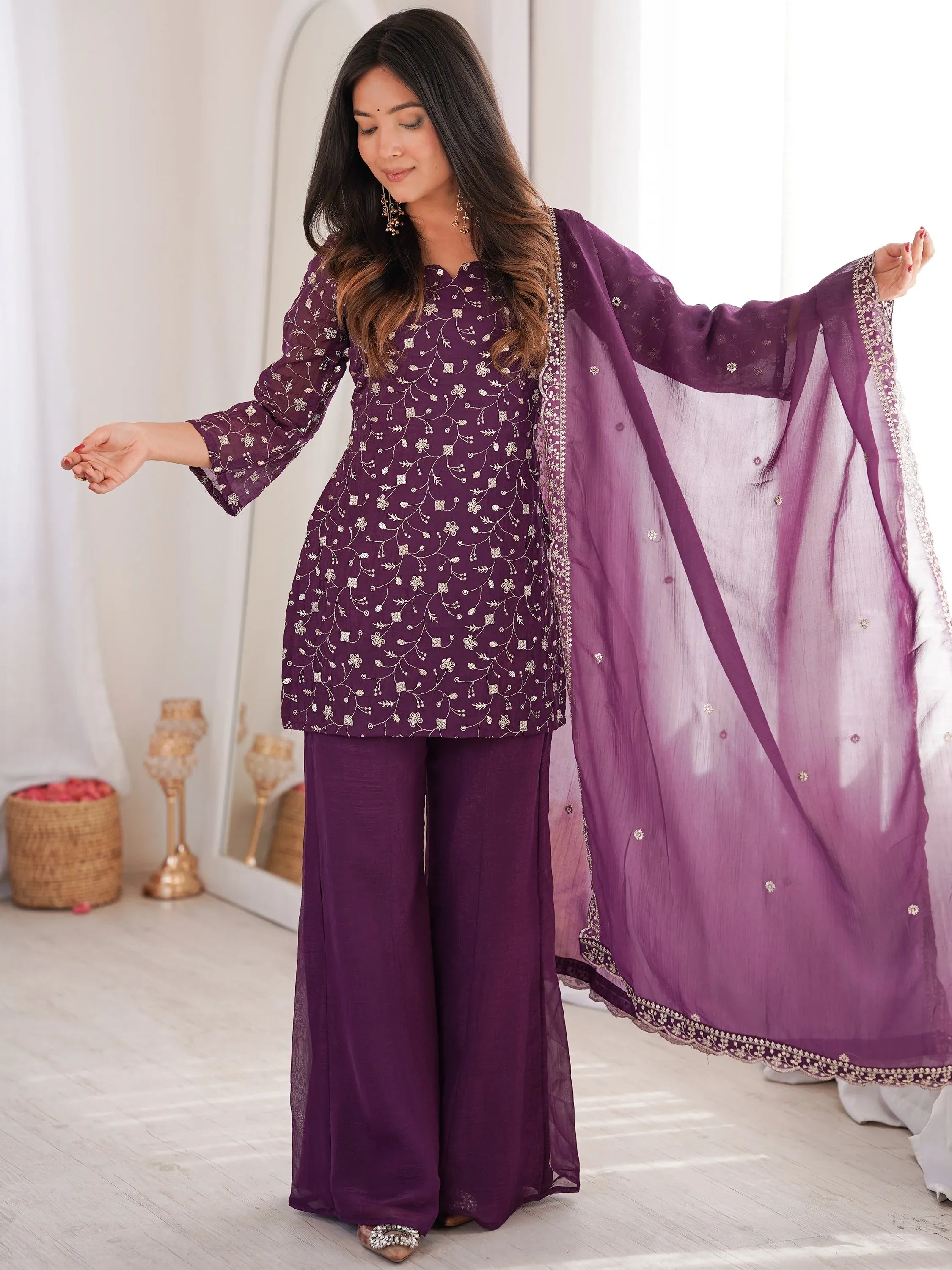 Beautiful Purple Sequins Silk Function Wear Pant Suit