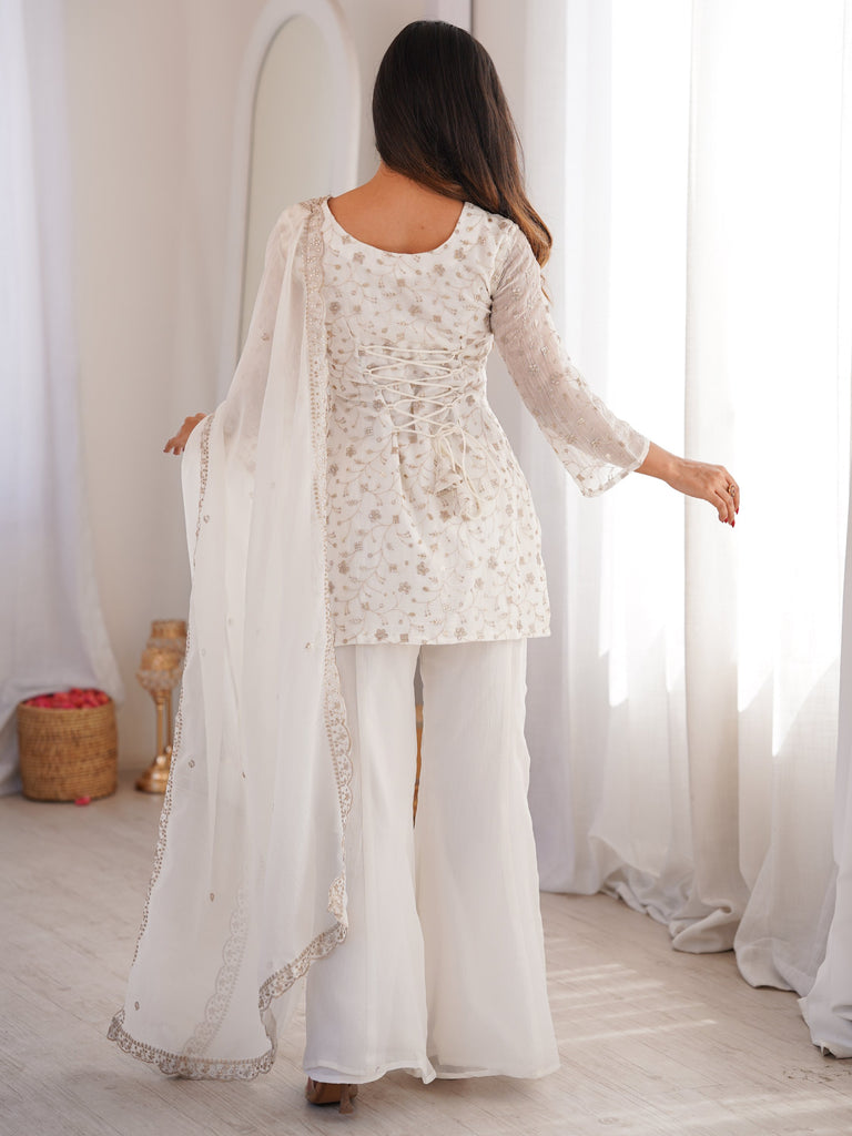 Esthetics White Sequins Silk Festive Wear Pant Suit