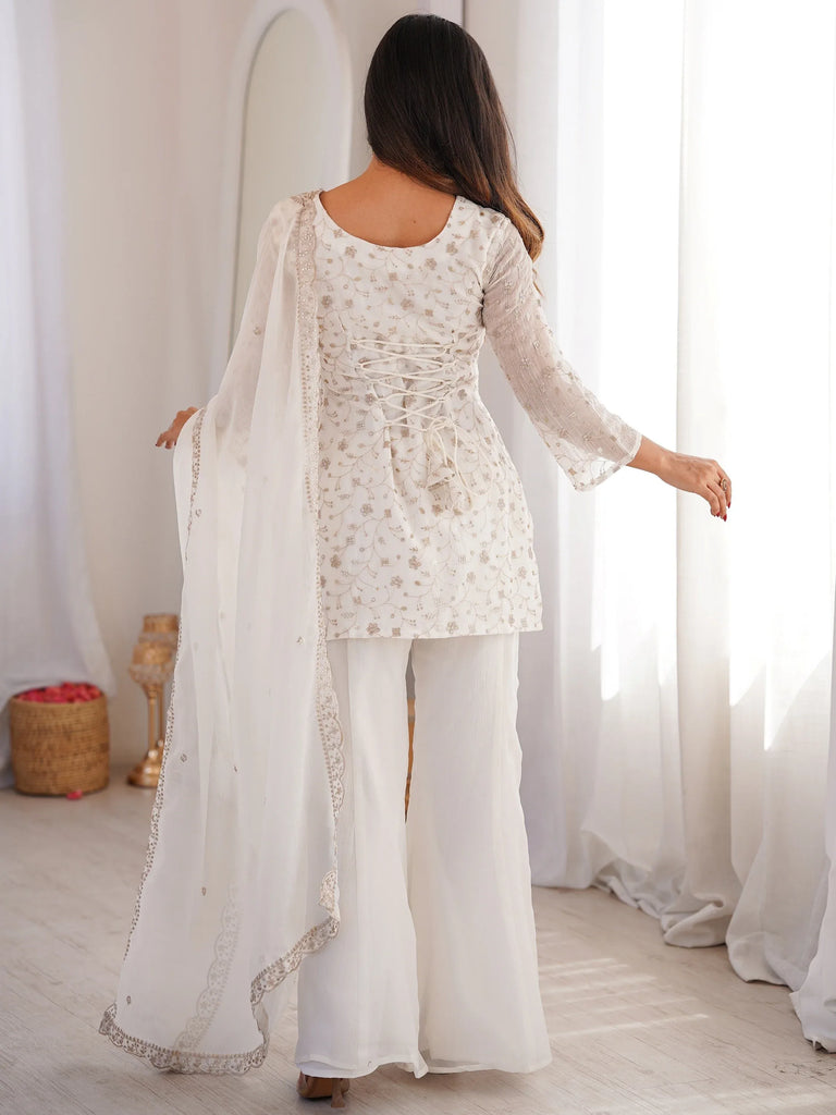 Esthetics White Sequins Silk Festive Wear Pant Suit