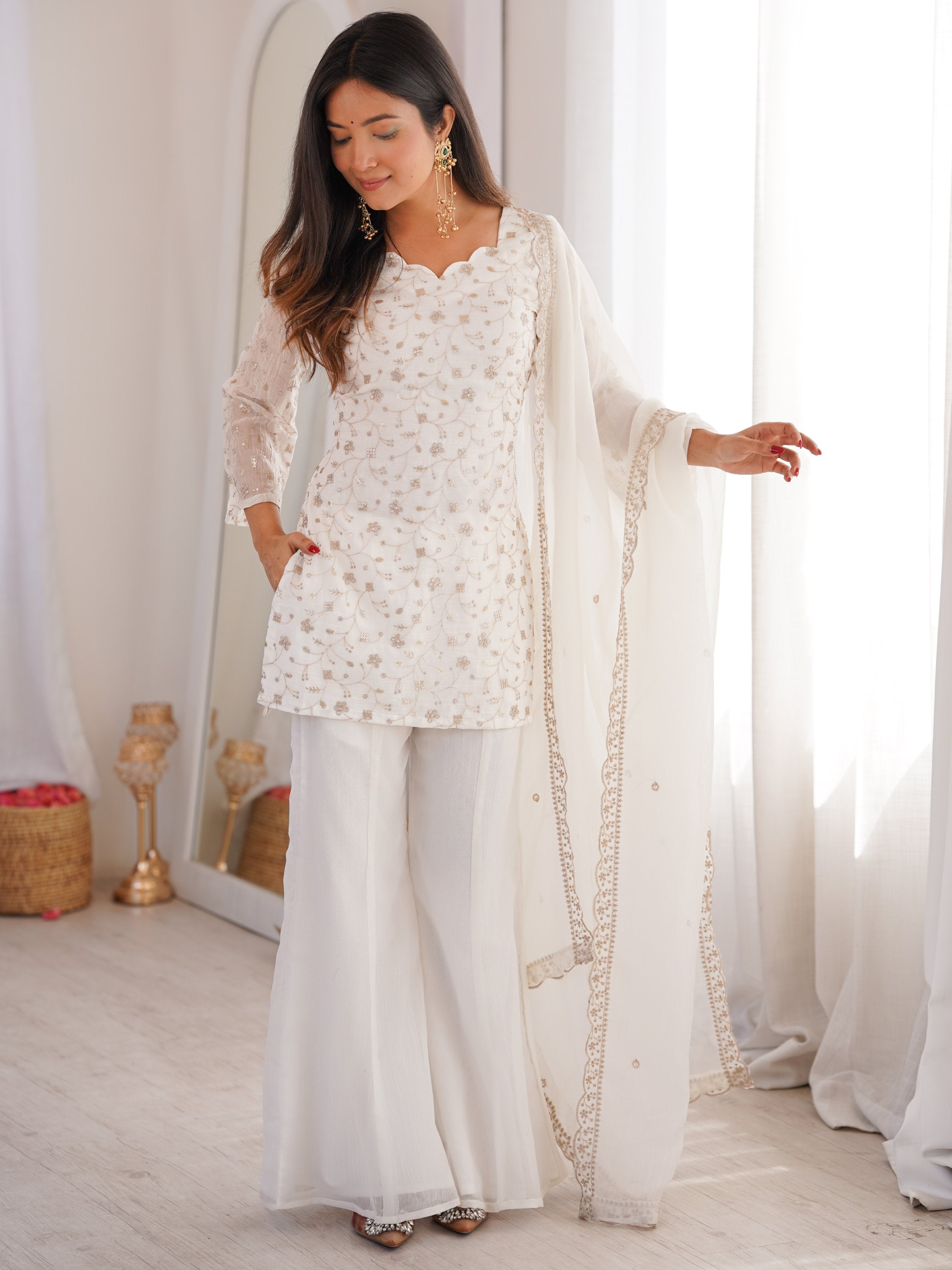 Esthetics White Sequins Silk Festive Wear Pant Suit