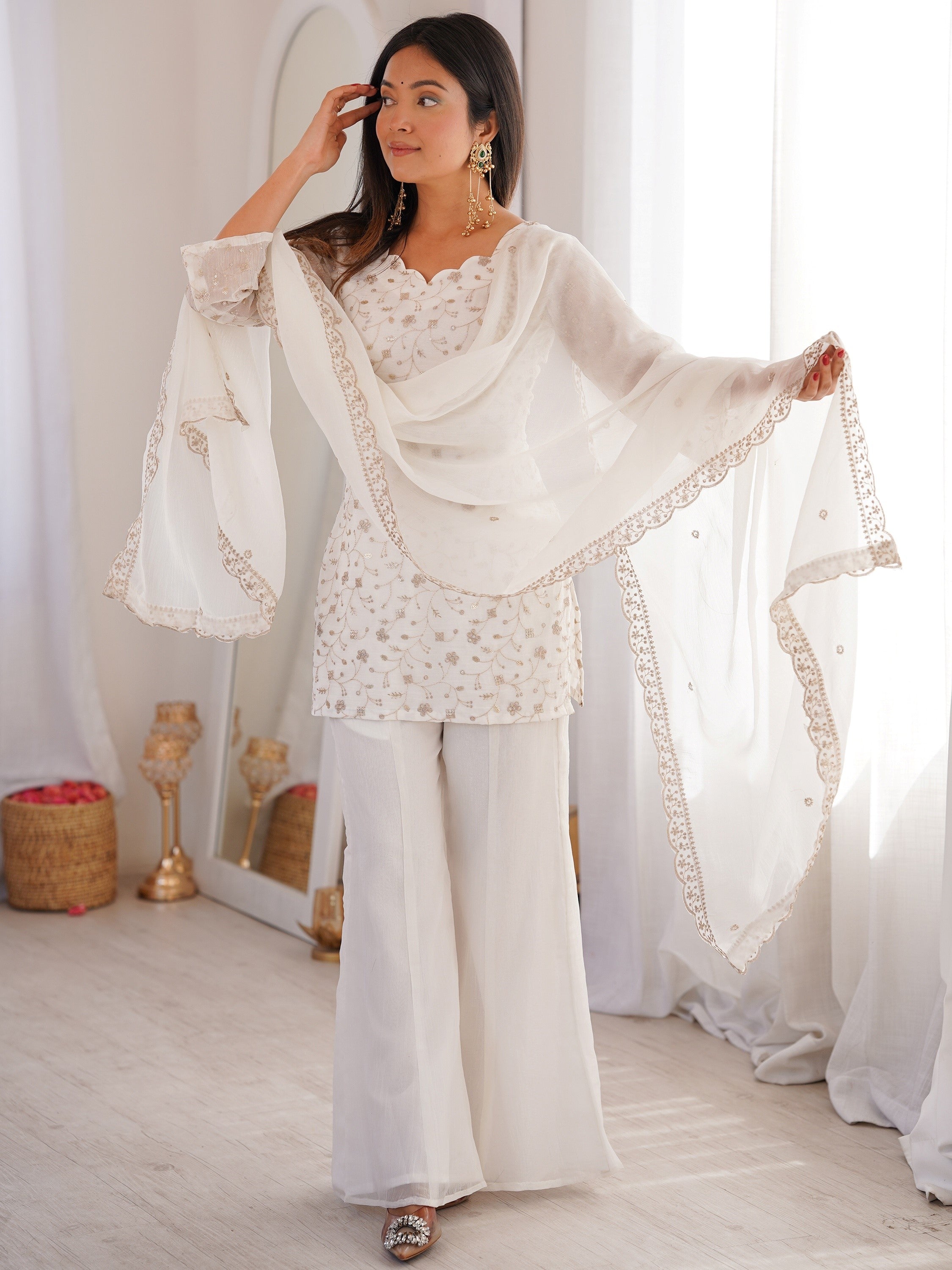 Esthetics White Sequins Silk Festive Wear Pant Suit