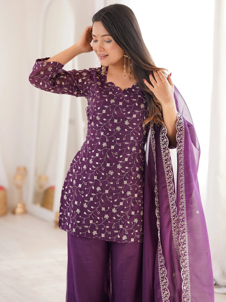 Beautiful Purple Sequins Silk Function Wear Pant Suit