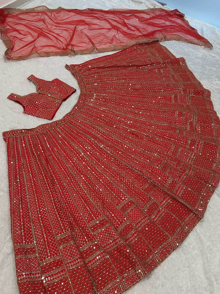 Lavishing Red Thread Embroidered Satin Wedding Wear Lehenga Choli 