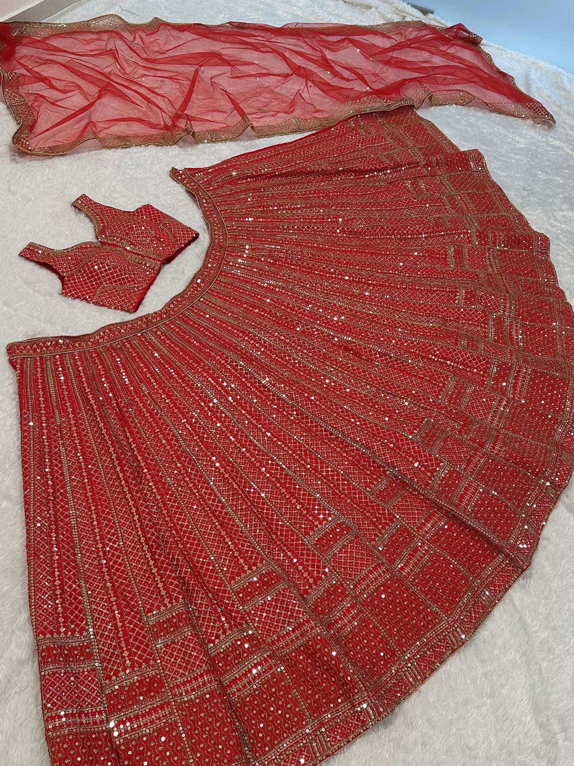 Lavishing Red Thread Embroidered Satin Wedding Wear Lehenga Choli 