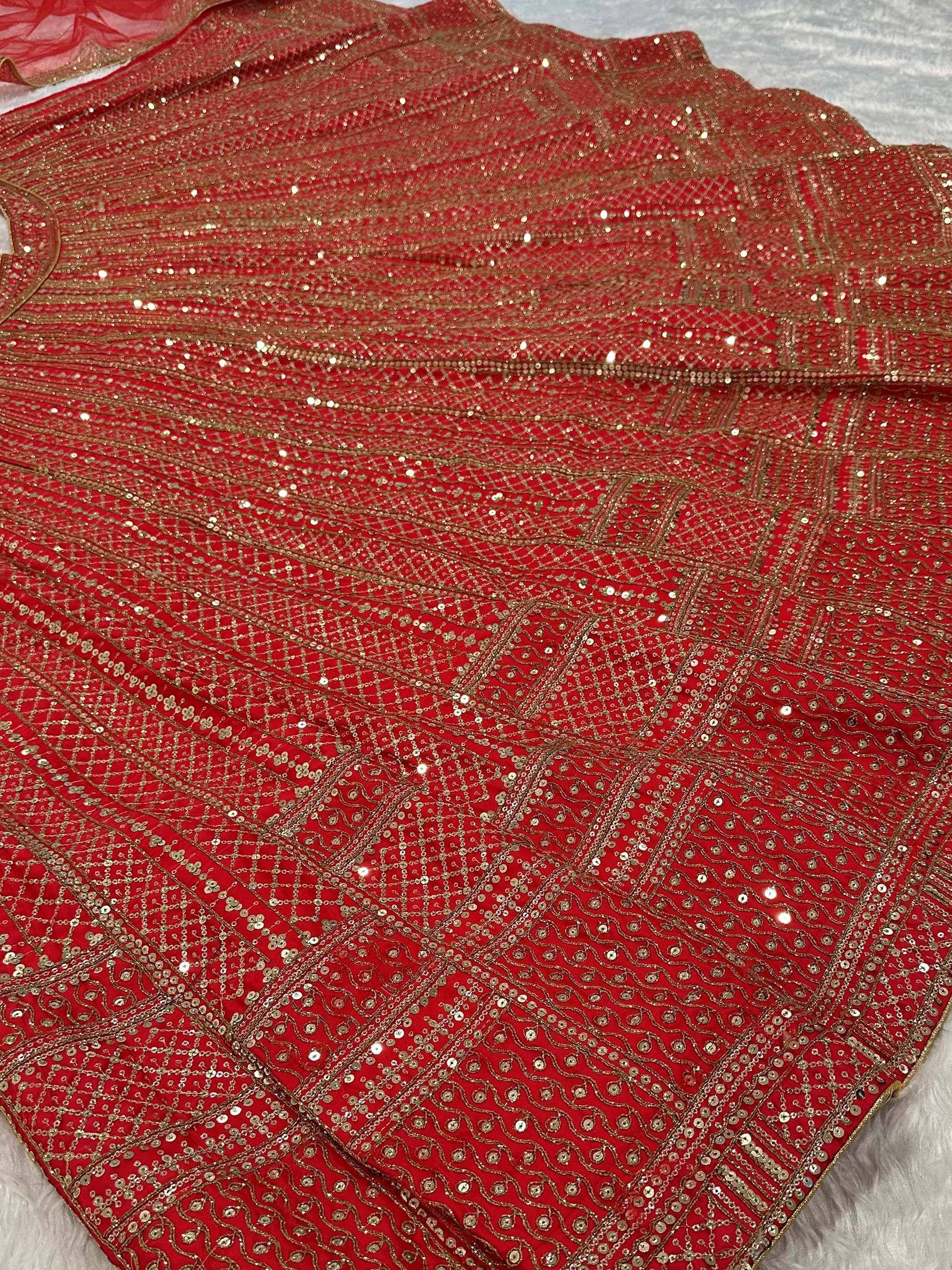 Lavishing Red Thread Embroidered Satin Wedding Wear Lehenga Choli 
