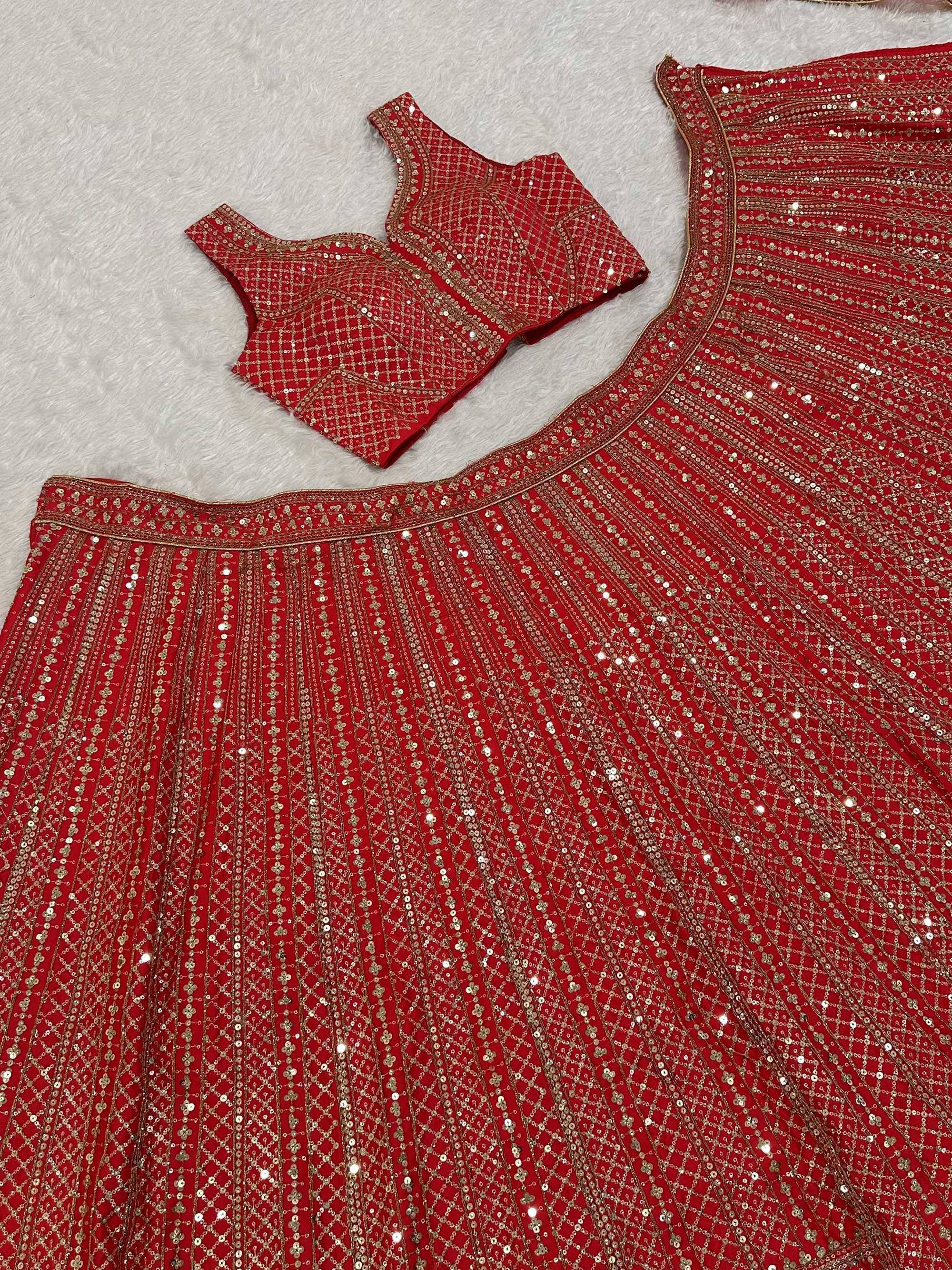 Lavishing Red Thread Embroidered Satin Wedding Wear Lehenga Choli 