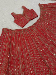 Lavishing Red Thread Embroidered Satin Wedding Wear Lehenga Choli 