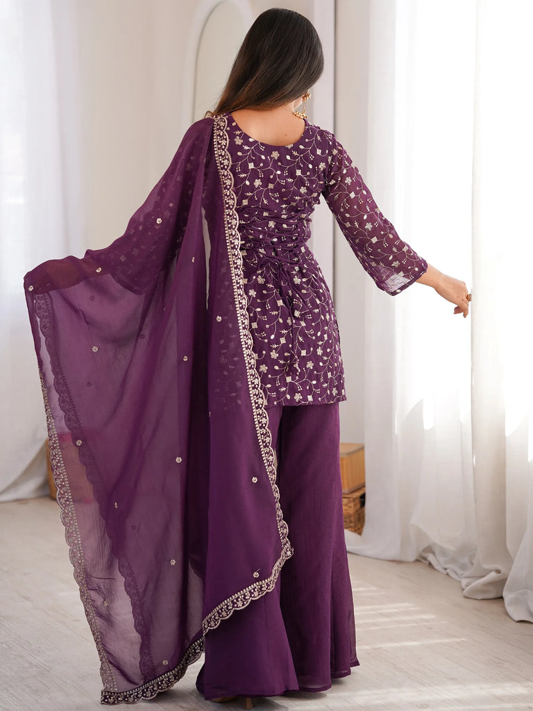 Beautiful Purple Sequins Silk Function Wear Pant Suit