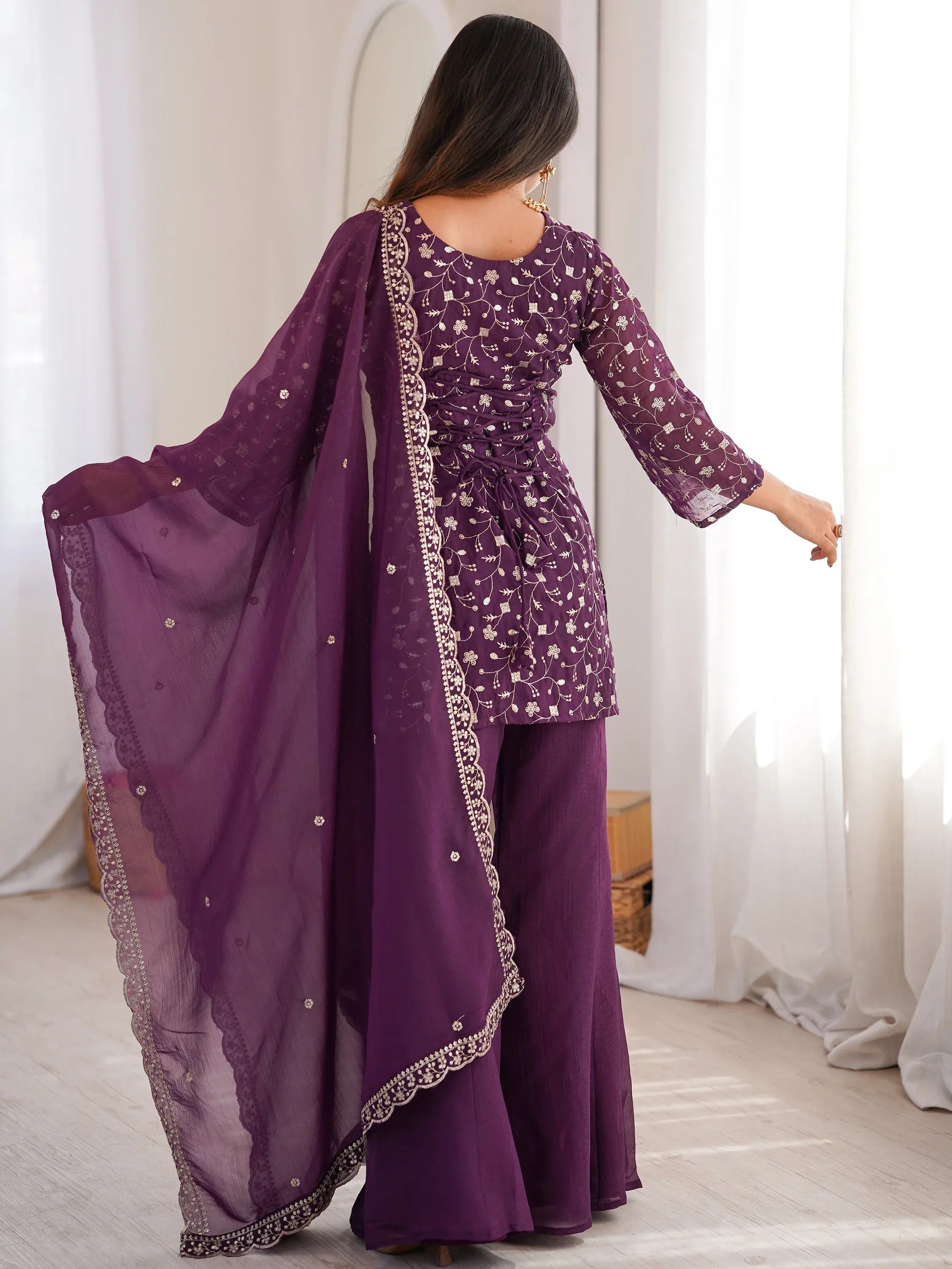 Beautiful Purple Sequins Silk Function Wear Pant Suit