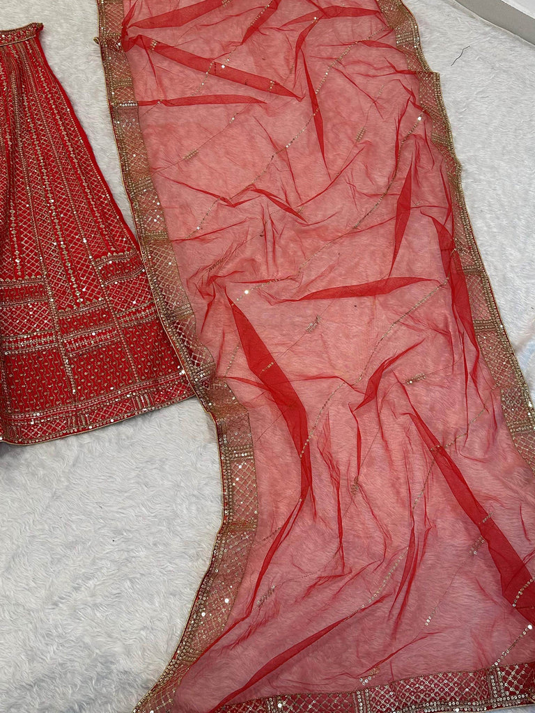 Lavishing Red Thread Embroidered Satin Wedding Wear Lehenga Choli 