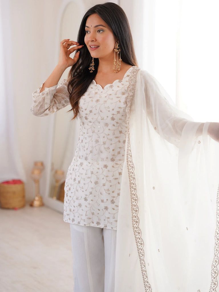 Esthetics White Sequins Silk Festive Wear Pant Suit