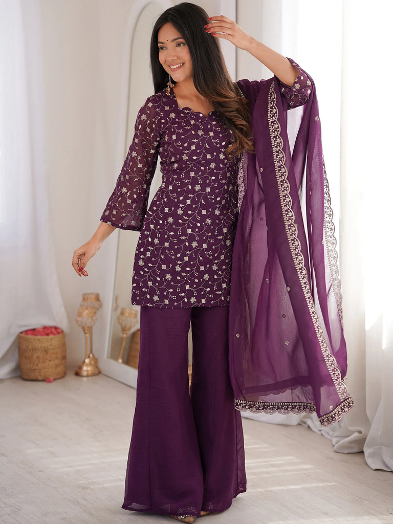 Beautiful Purple Sequins Silk Function Wear Pant Suit